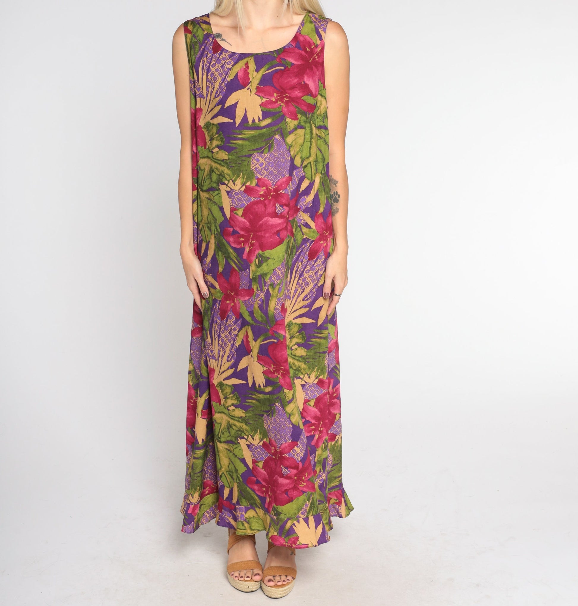 Y2K Purple Tropical Floral Maxi Dress Hibiscus Leaf Print Sleeveless Medium Large