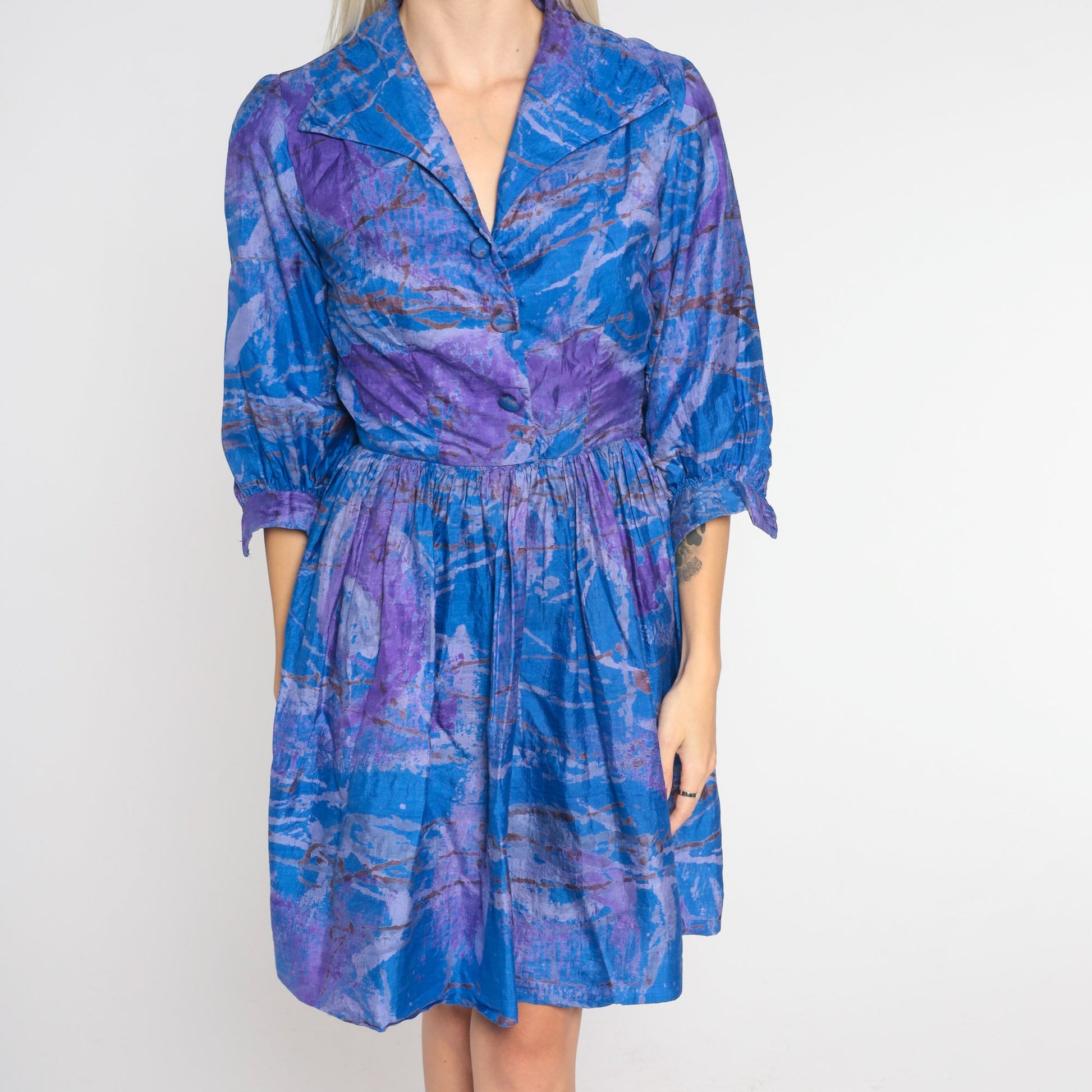 60s Blue Purple Silk Marble Mini Dress Collared Button-Up Shirtwaist Extra Small