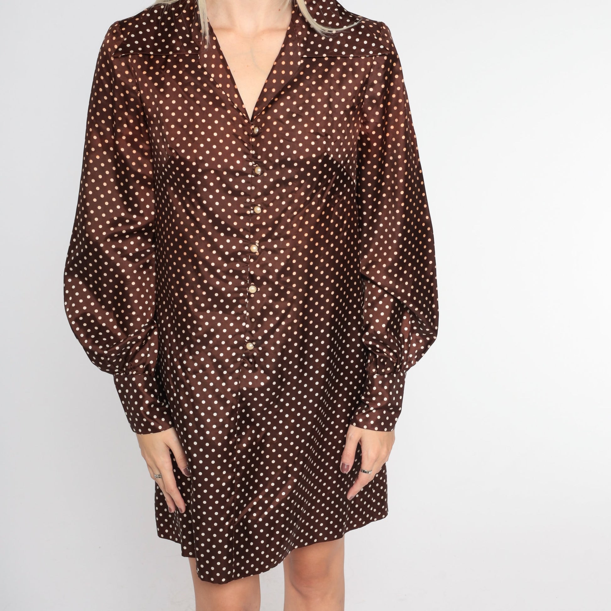 70s Brown Polka Dot Shift Dress Wing Collar Balloon Sleeve Mini Small S
