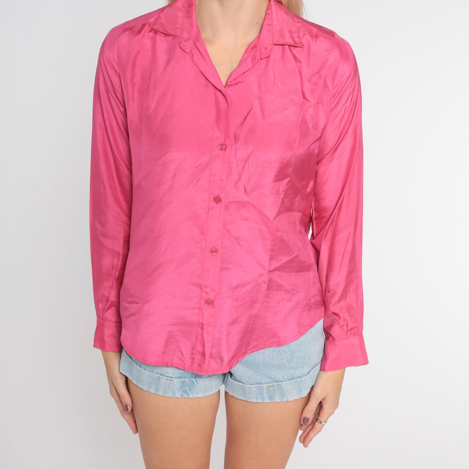 80s Pink Silk Button-Up Blouse Collared Long Sleeve Small