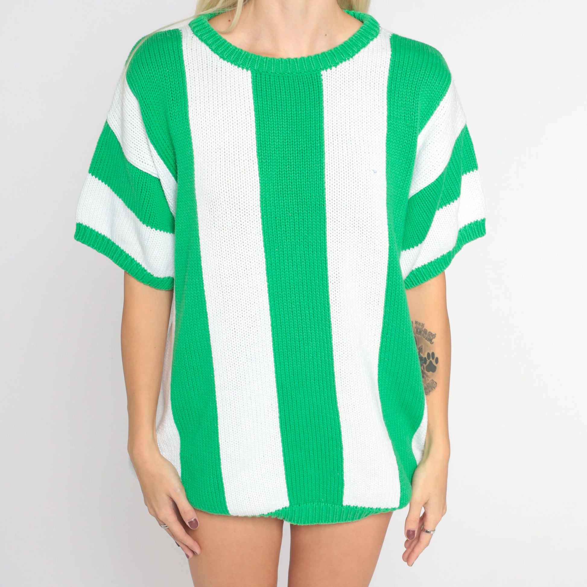 90s Liz Claiborne Striped Knit Sweater Top White Green Short Sleeve Small