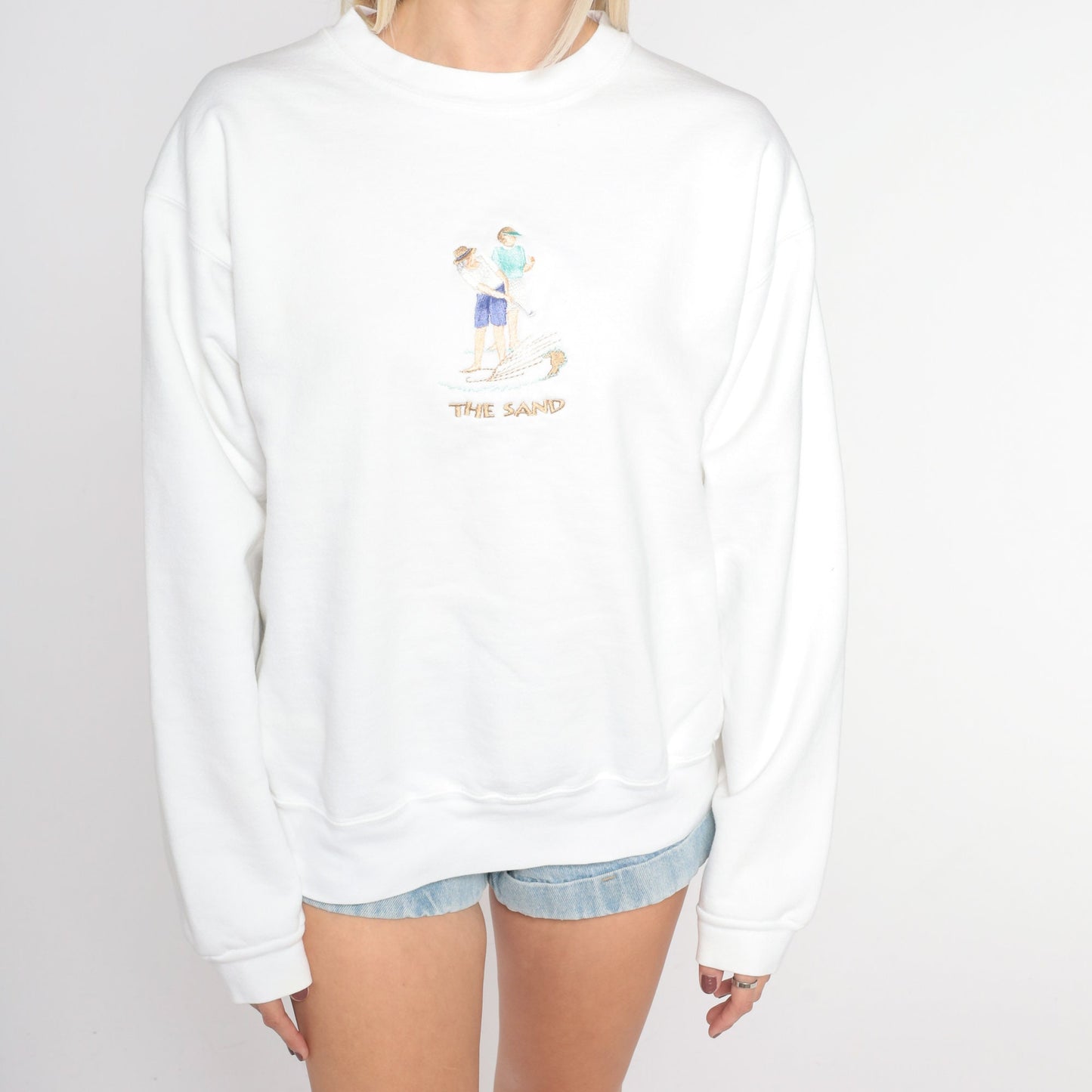 90s Embroidered Golfer Sweatshirt White The Sand Putting Print Crewneck Medium M