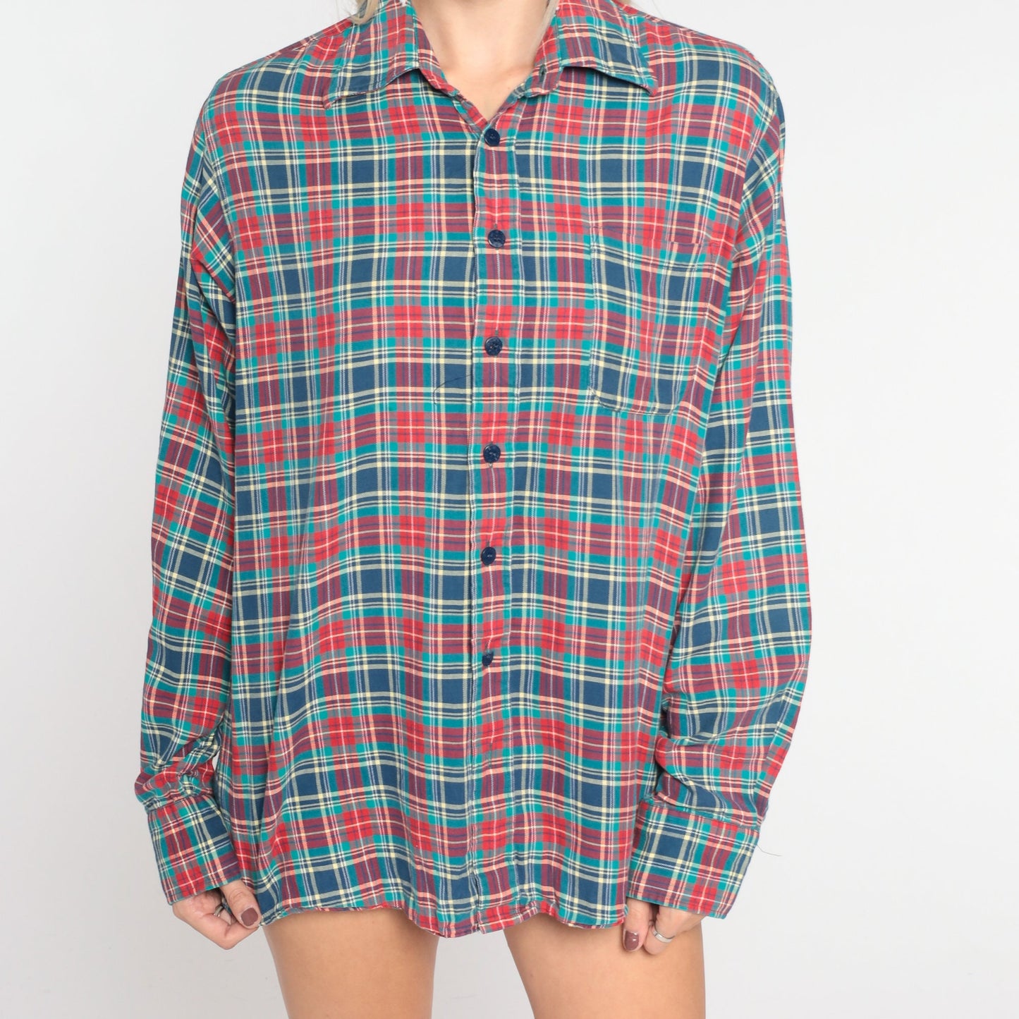 80s Blue Red Plaid Cotton Button-Up Shirt Long Sleeve Collared Small