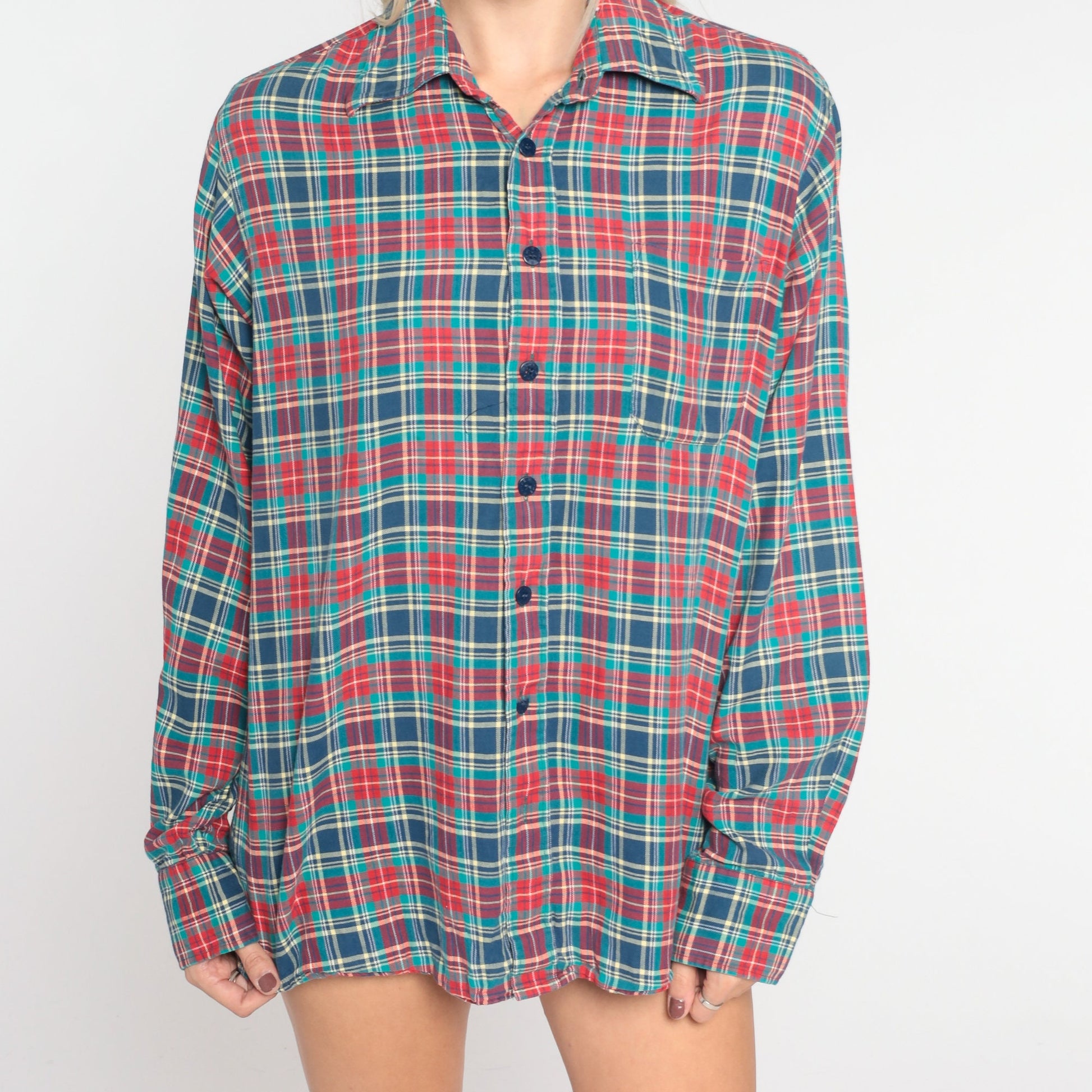 80s Blue Red Plaid Cotton Button-Up Shirt Long Sleeve Collared Small