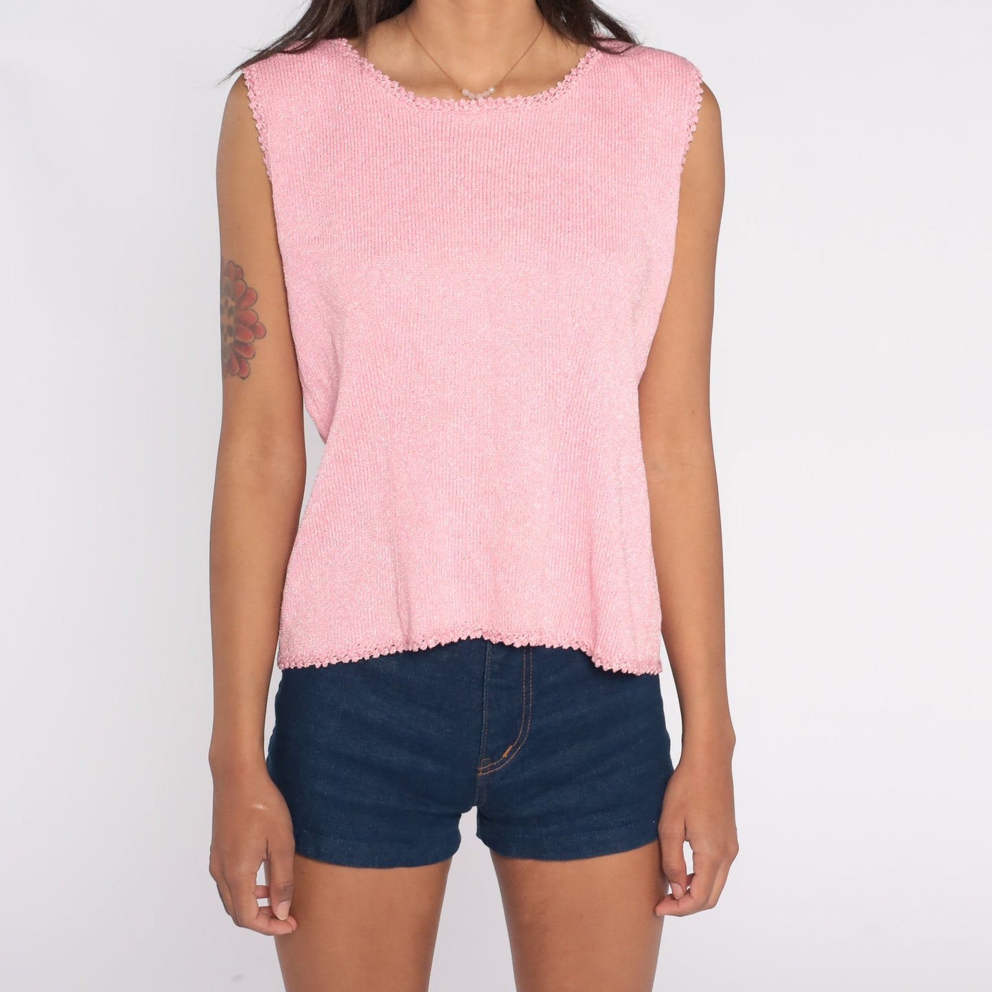 60s Pink Knit Tank Top Scalloped Trim Rear Zipper Large L