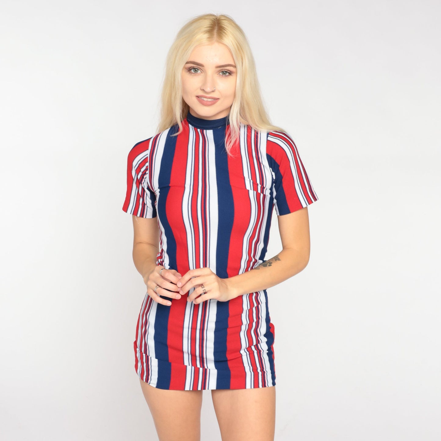 70s Striped Mock Neck Blouse Red White Blue Short Sleeve XXS
