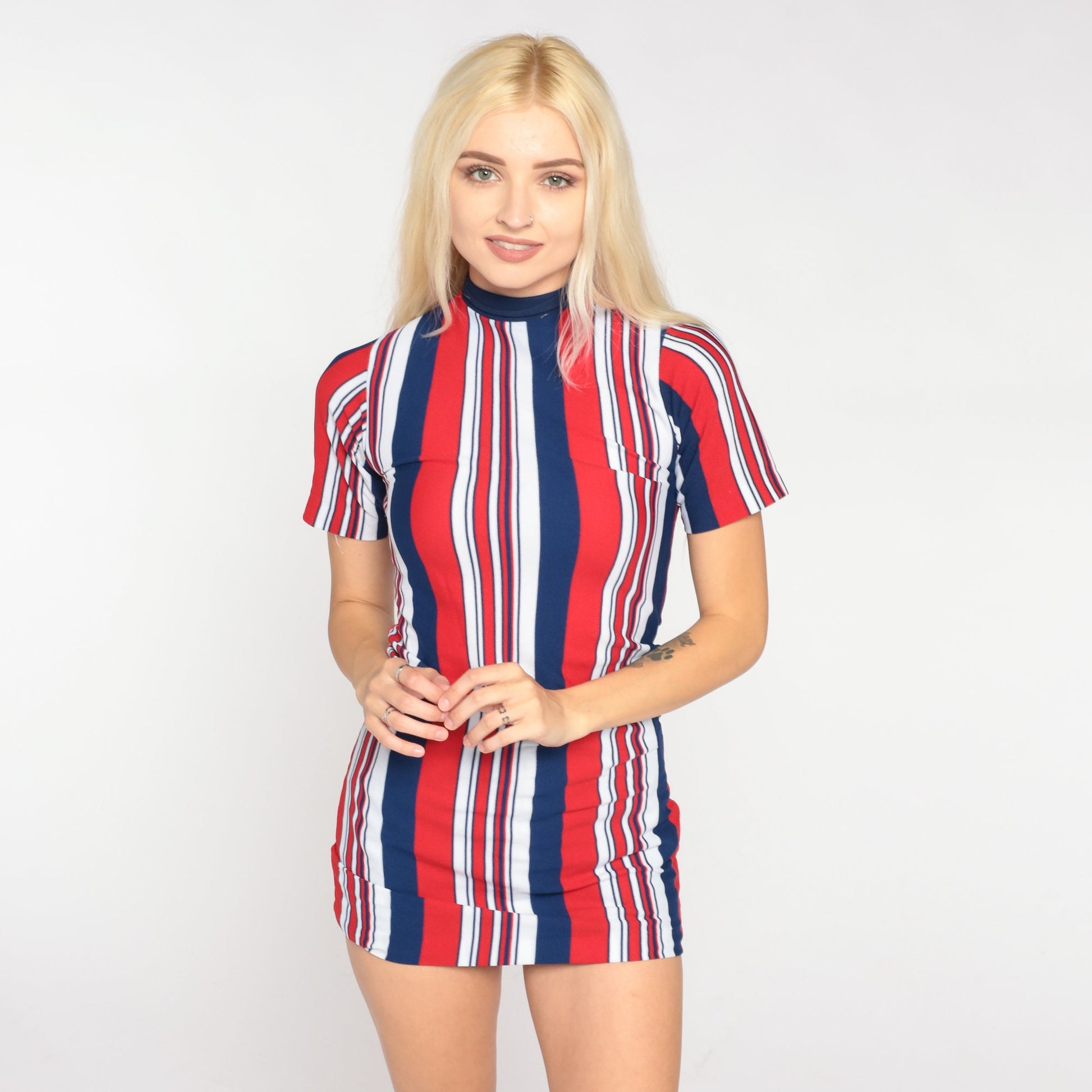 70s Striped Mock Neck Blouse Red White Blue Short Sleeve XXS