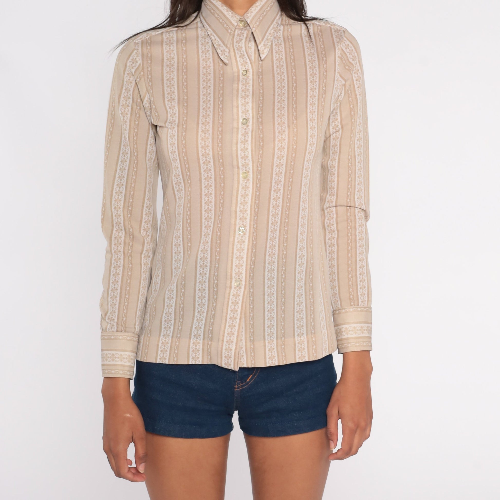70s Striped Floral Ribbon Print Button-Up Blouse Dagger Collar Tan Small