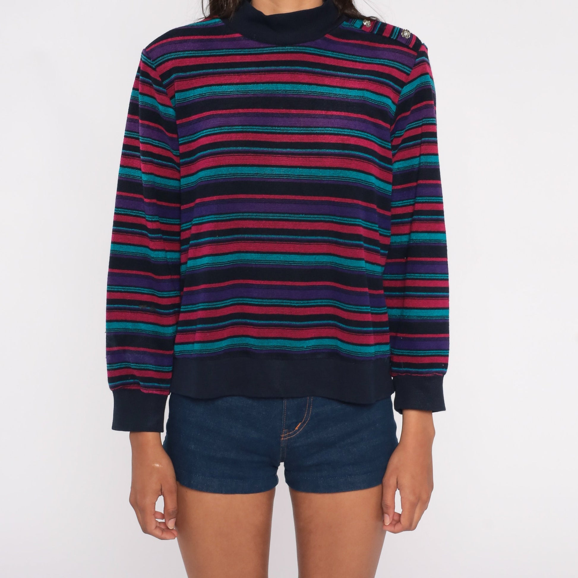 80s Striped Terry Cloth Mock Neck Blouse Floral Buttons Long Sleeve Large L