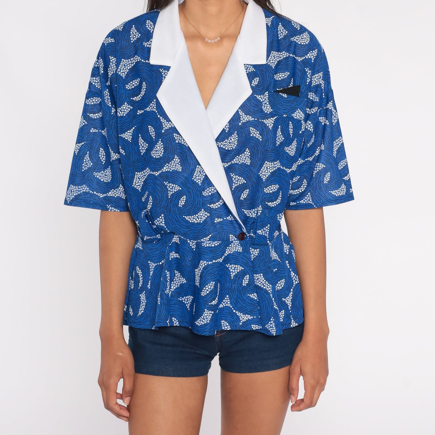 80s Blue Abstract Dot Wave Blouse Contrast Collar Peplum Wrap Shirt Large