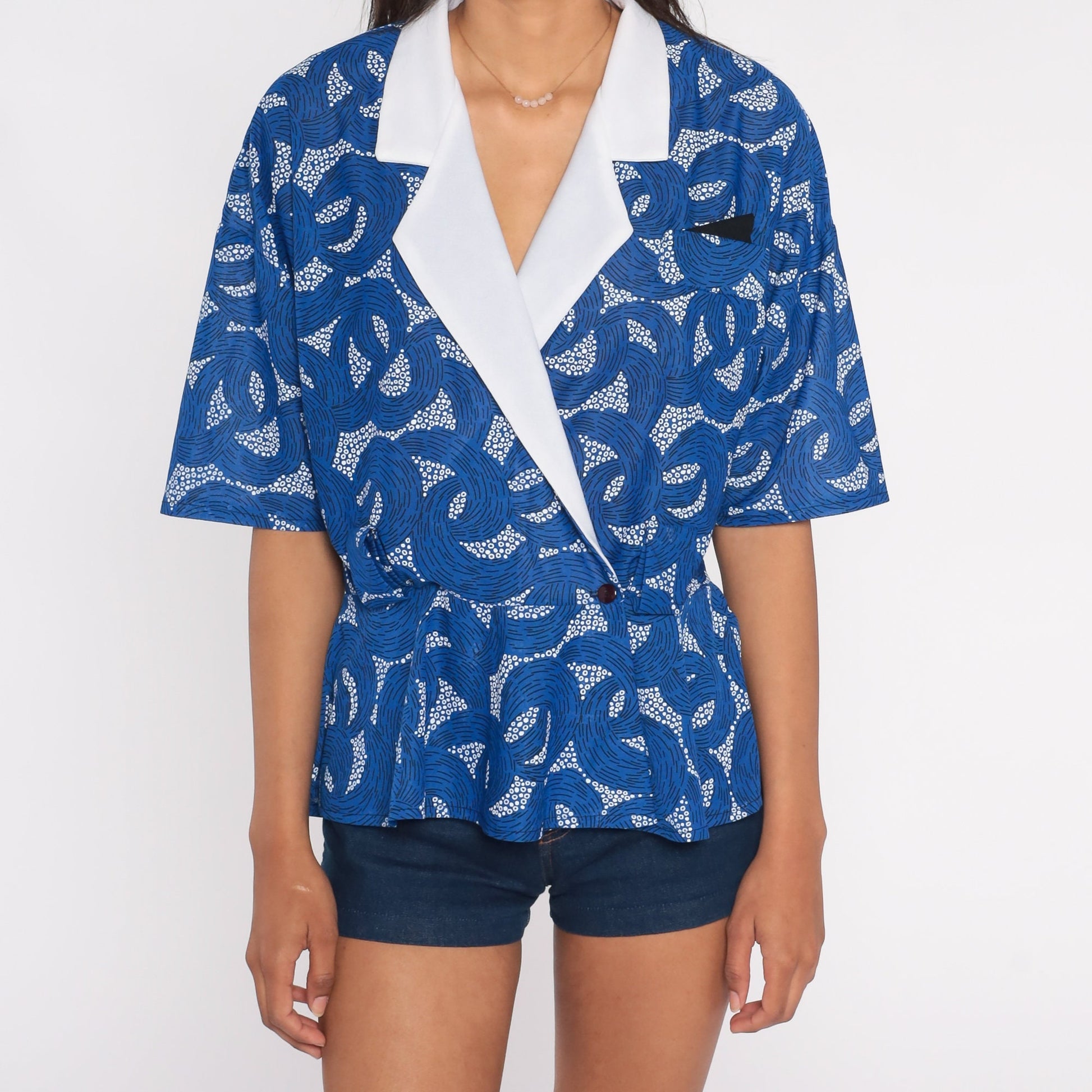 80s Blue Abstract Dot Wave Blouse Contrast Collar Peplum Wrap Shirt Large