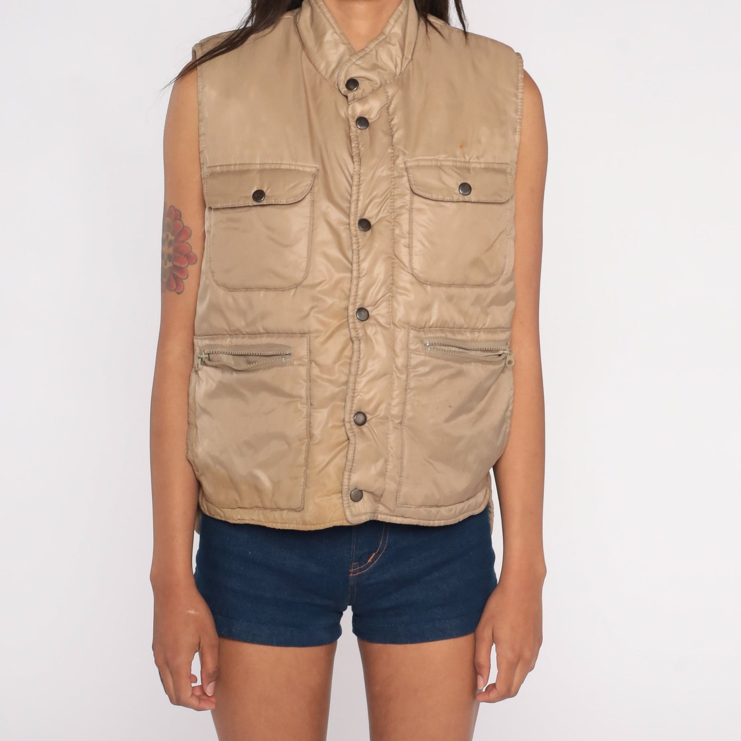 80s Tan Puffer Vest Nylon Snap-Up Sleeveless Jacket Cargo Pockets Medium