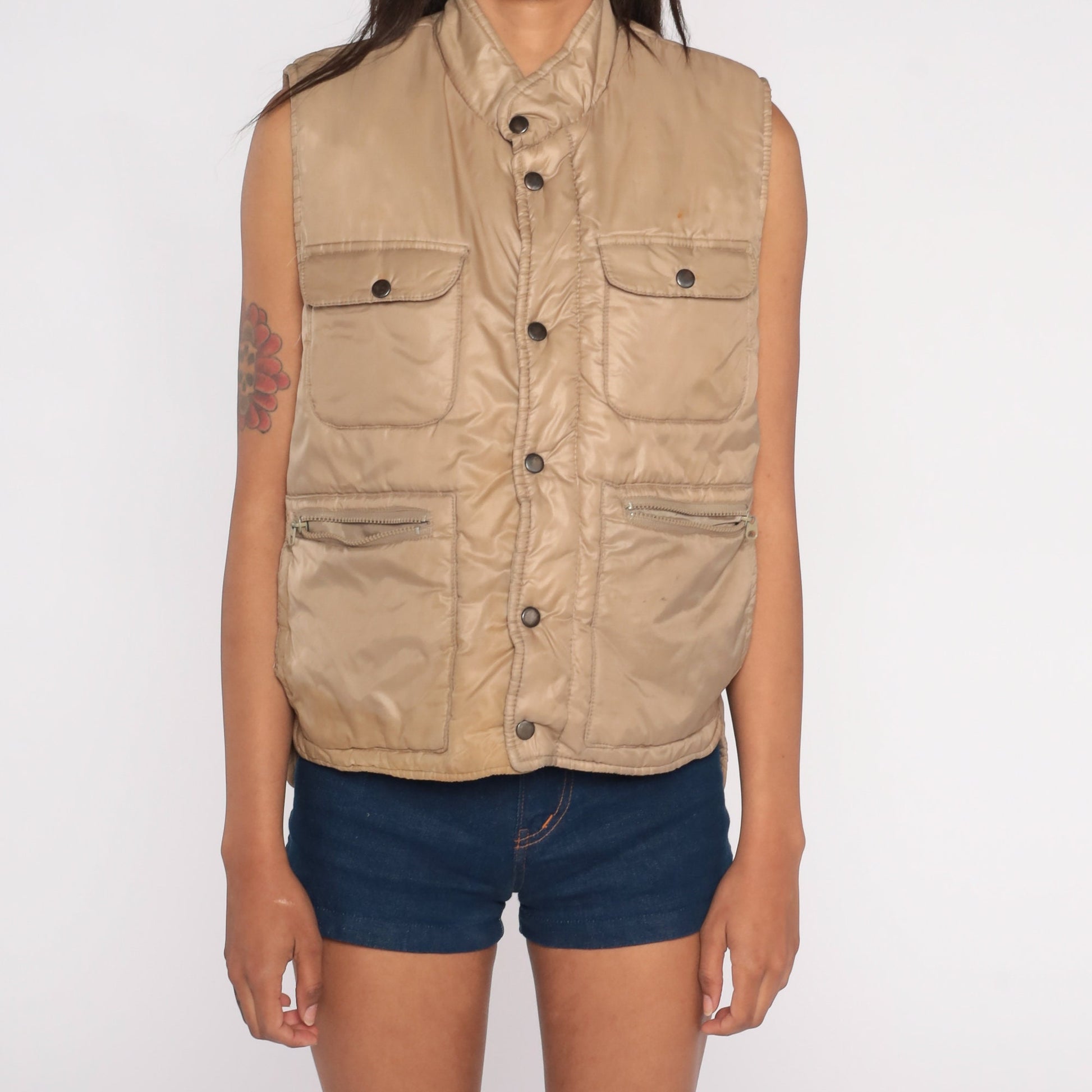 80s Tan Puffer Vest Nylon Snap-Up Sleeveless Jacket Cargo Pockets Medium