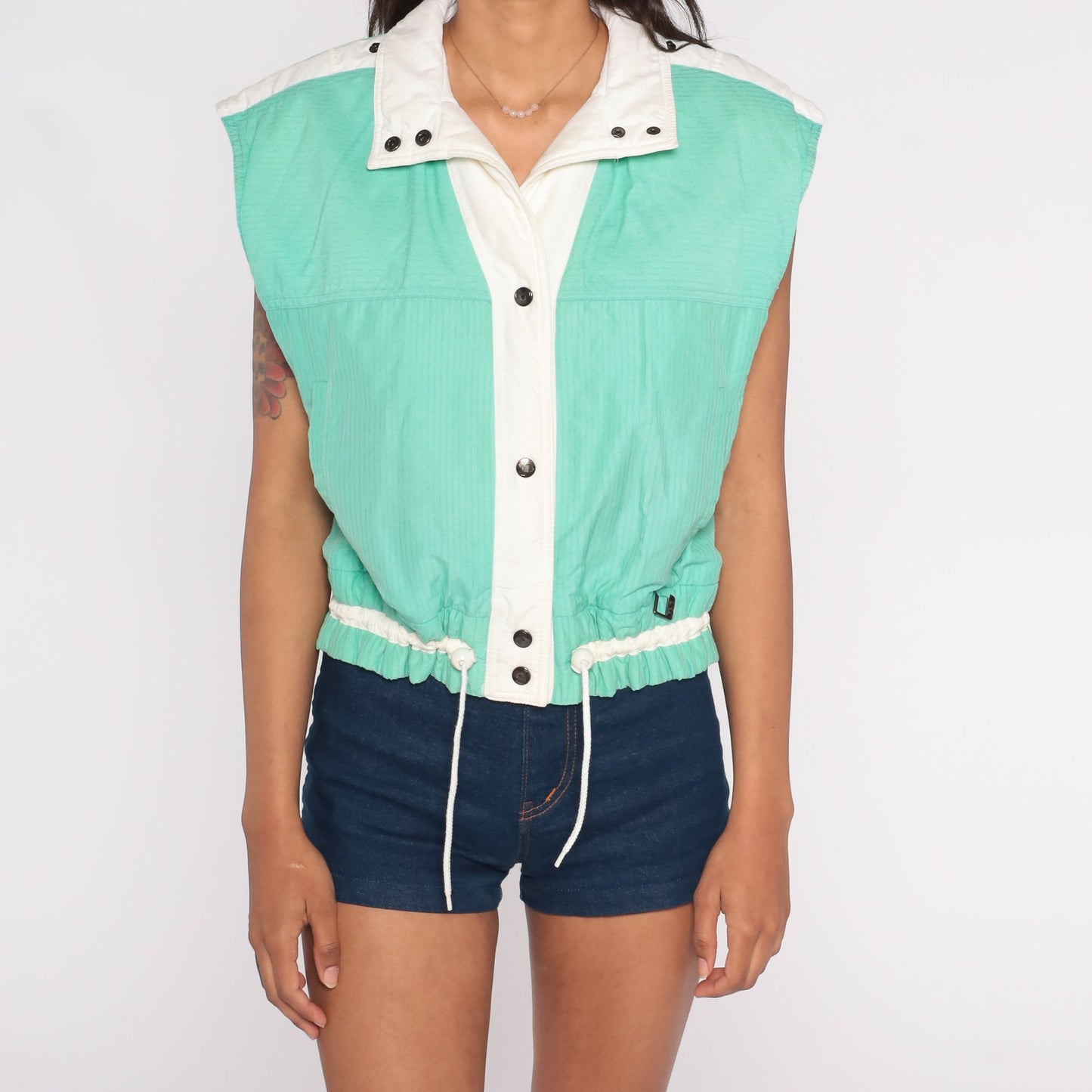 80s Mint Green Ski Puffer Vest Snap Front Drawstring Medium