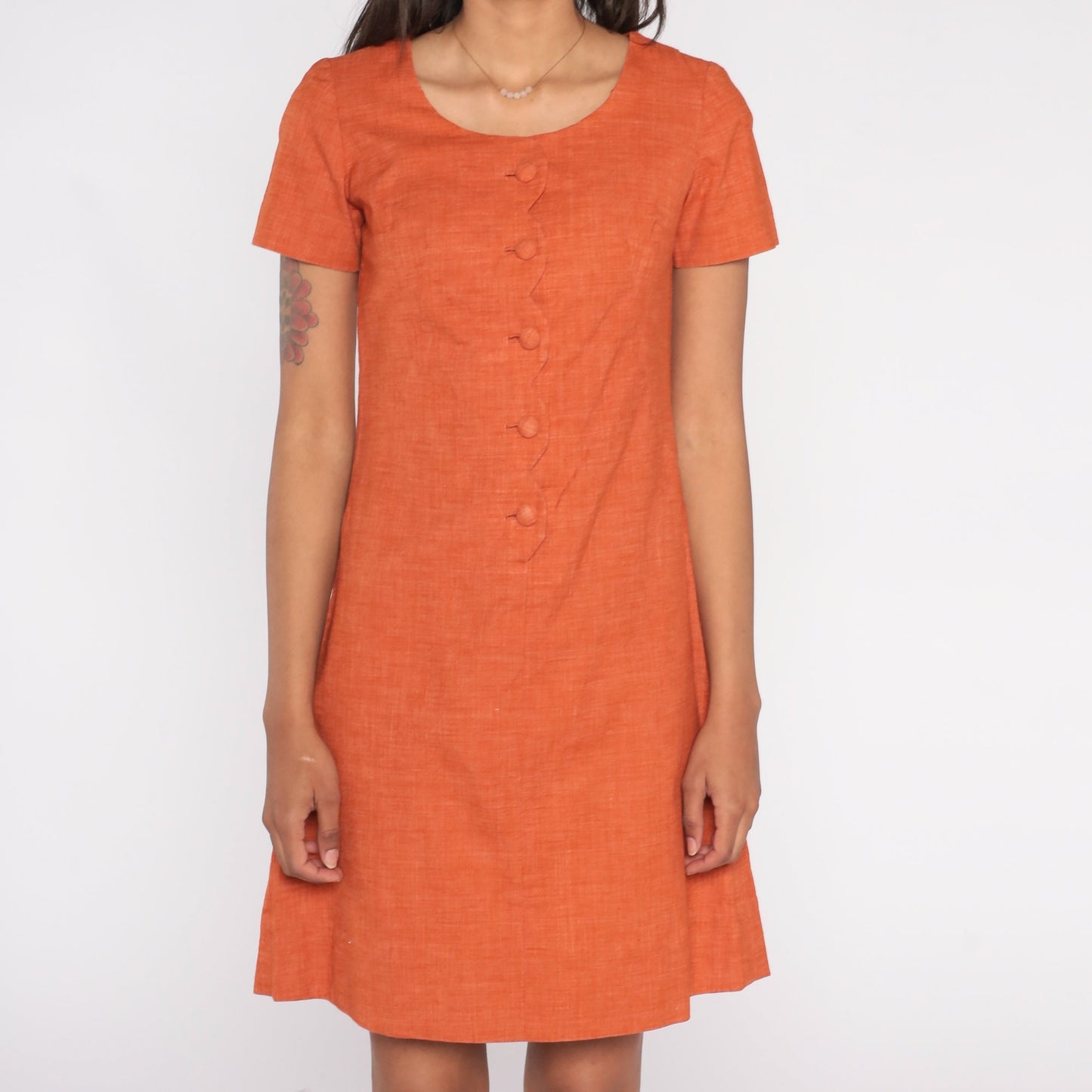 60s Burnt Orange Shift Dress Mini Button-Up Short Sleeve Cotton Extra Small
