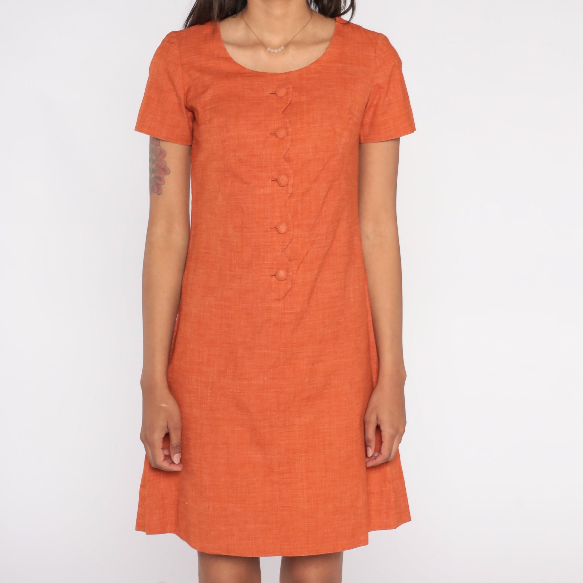 60s Burnt Orange Shift Dress Mini Button-Up Short Sleeve Cotton Extra Small