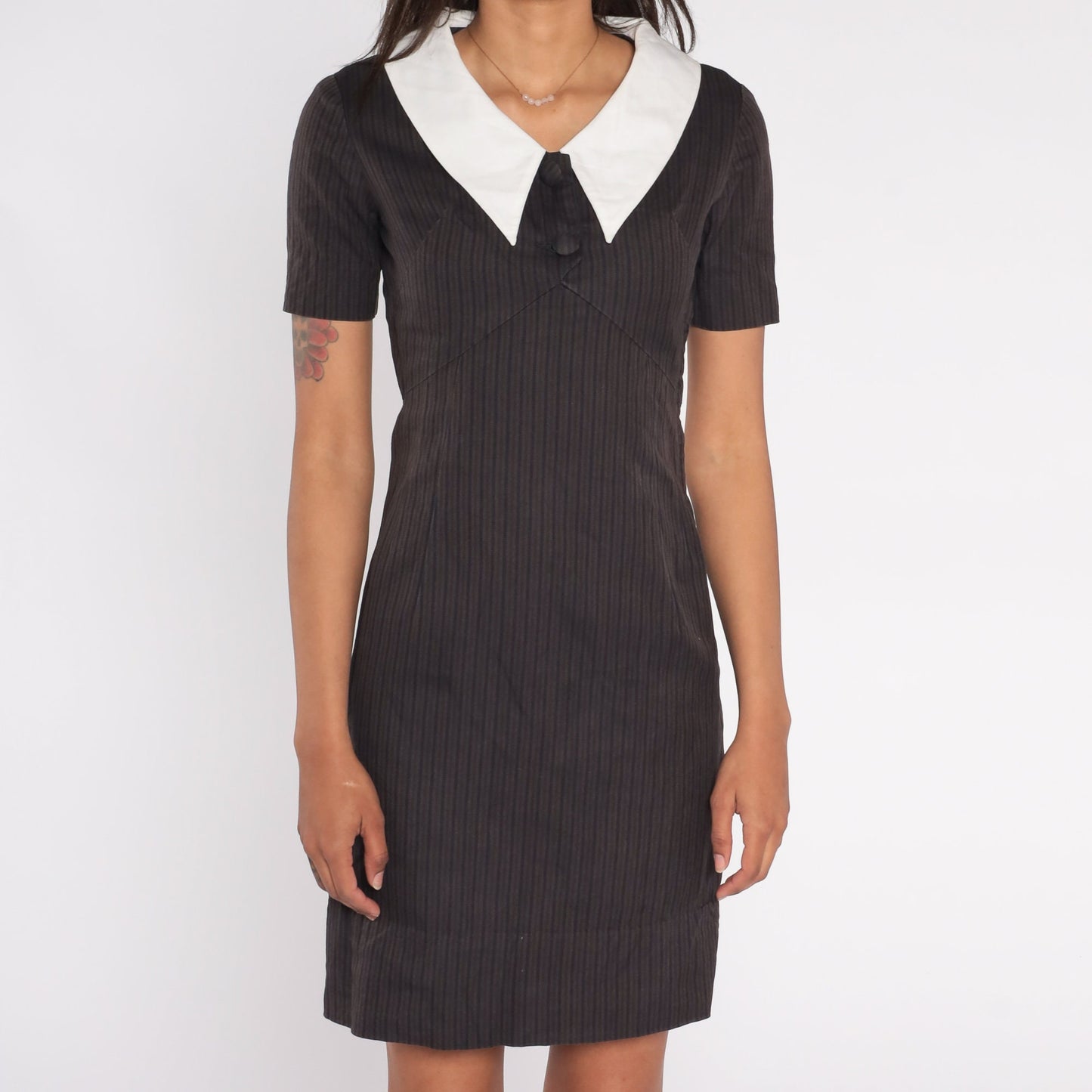 1940s Striped Sheath Dress Black Brown White Collar Empire Waist Mini XS