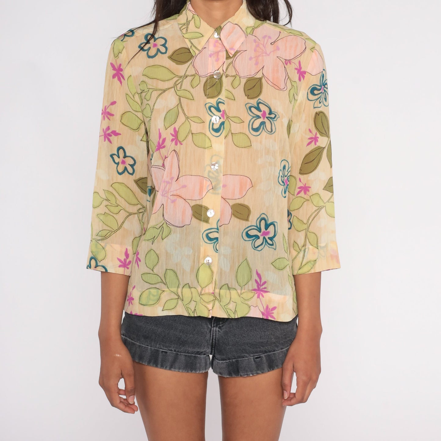 Y2K Floral Button-Up Blouse Semi Sheer Beige Long Sleeve Collared Medium