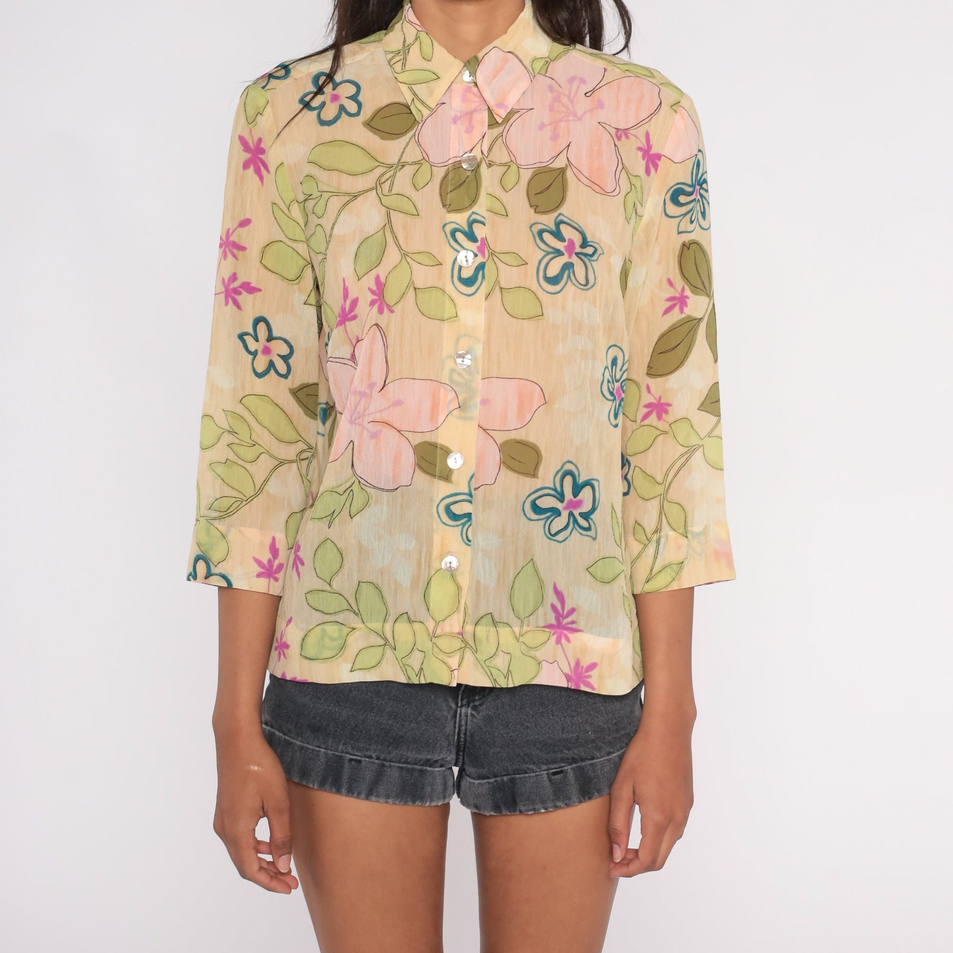 Y2K Floral Button-Up Blouse Semi Sheer Beige Long Sleeve Collared Medium