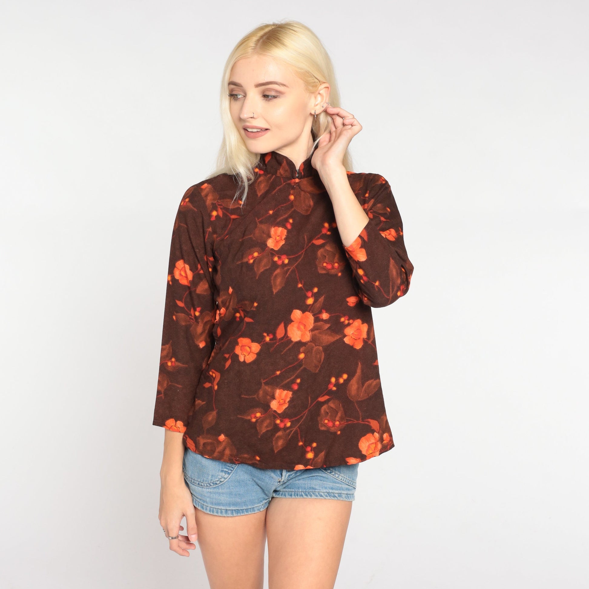 90s Floral Blouse Brown Orange Mandarin Collar 3/4 Sleeve Shirt Extra Small