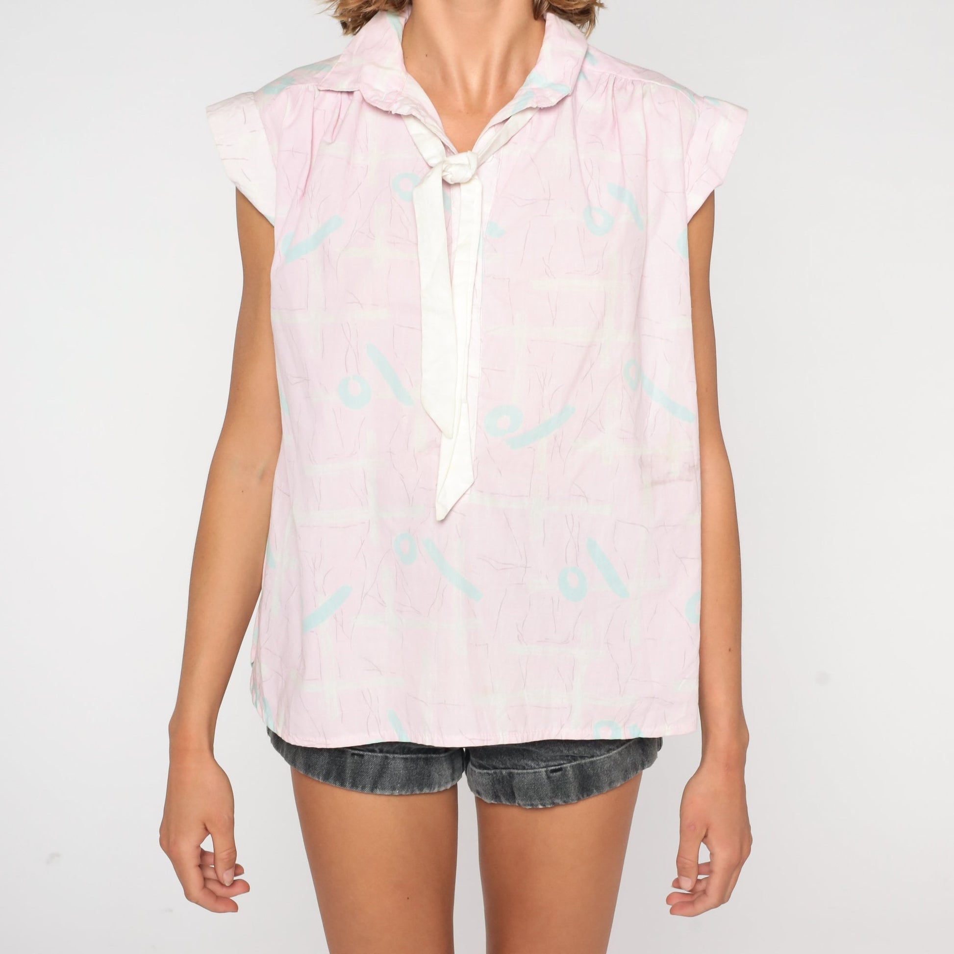 80s Pink Abstract Necktie Blouse Cap Sleeve Ascot Top Small S