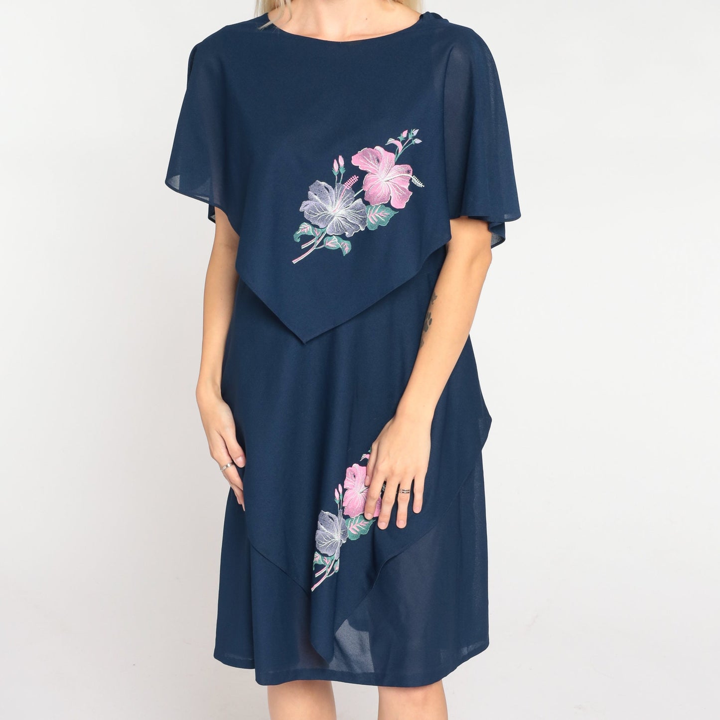 80s Navy Floral Capelet Mini Dress Draped V-Back Flutter Sleeve Medium