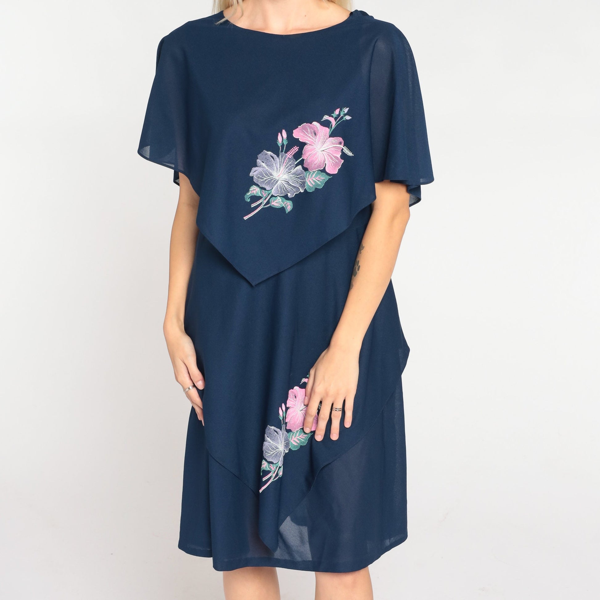 80s Navy Floral Capelet Mini Dress Draped V-Back Flutter Sleeve Medium