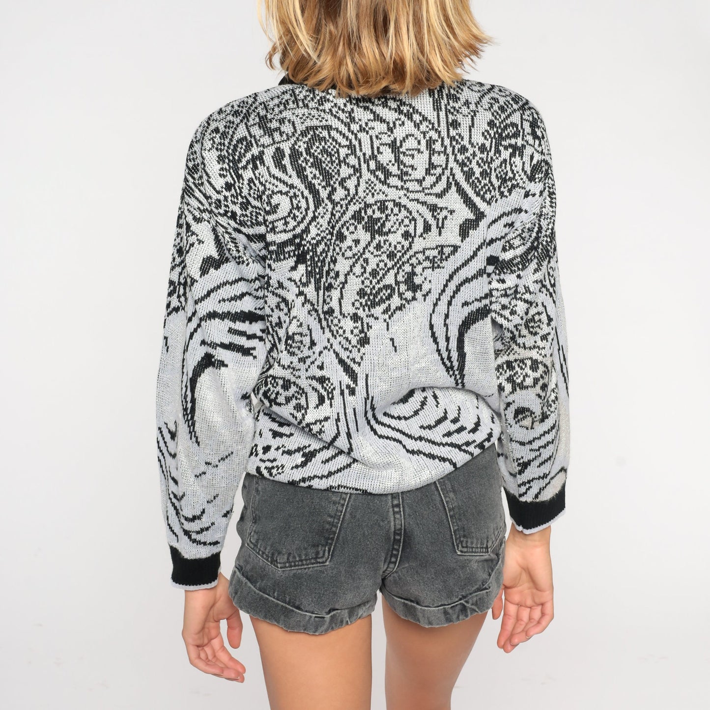 80s Grey Paisley Mock Neck Sweater Knit Pullover Medium M