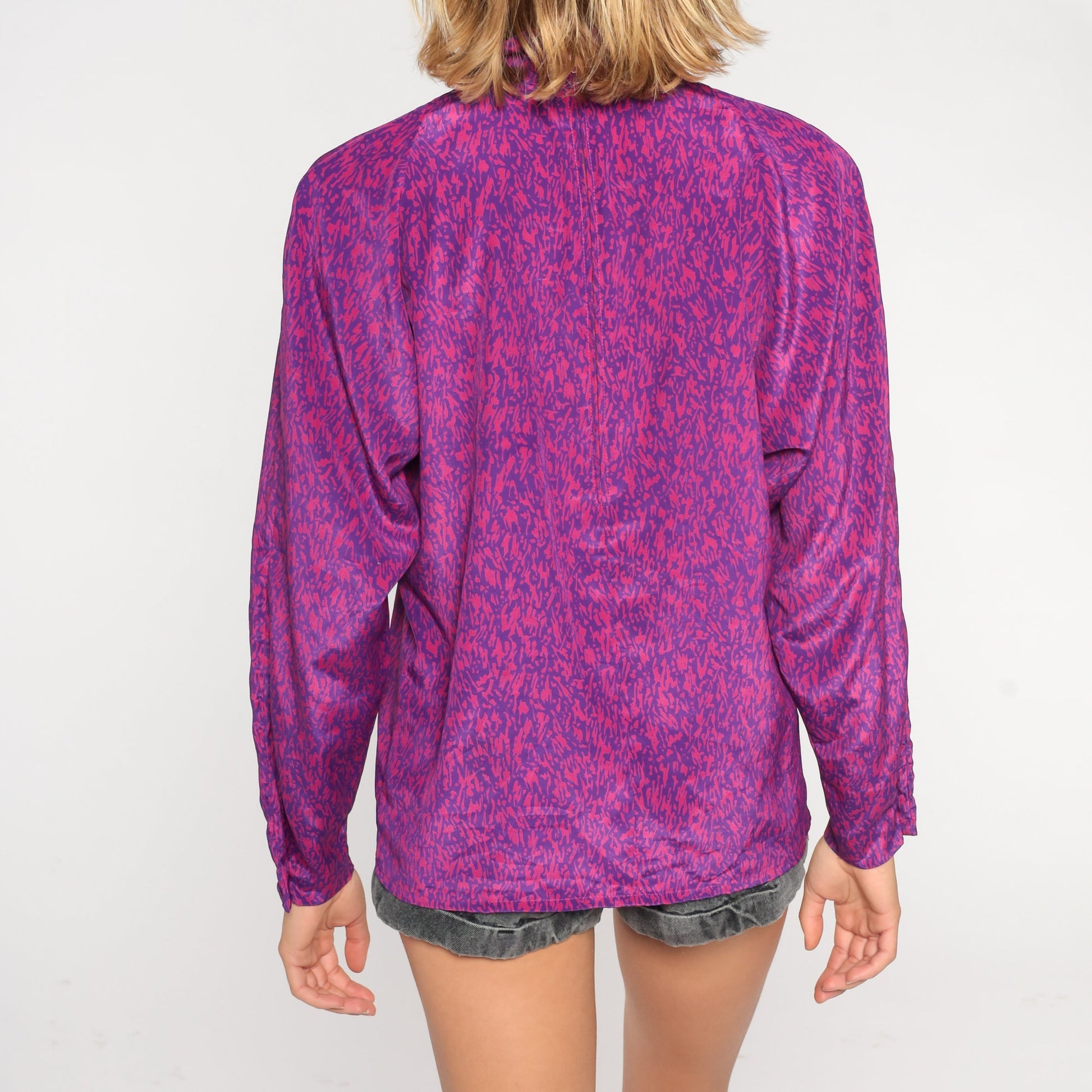 80s Purple Abstract Print Collared Blouse Long Sleeve Small