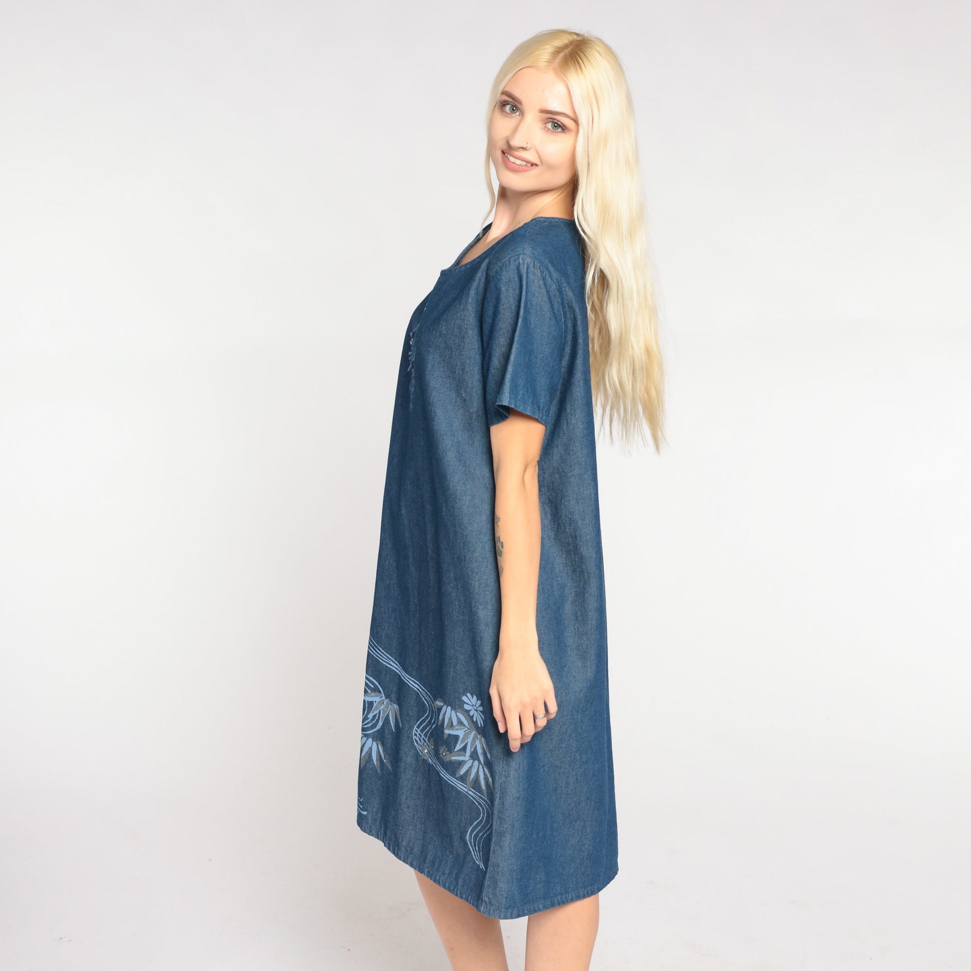 90s Floral Denim Shift Dress Blue Sequin Beaded Short Sleeve Medium M