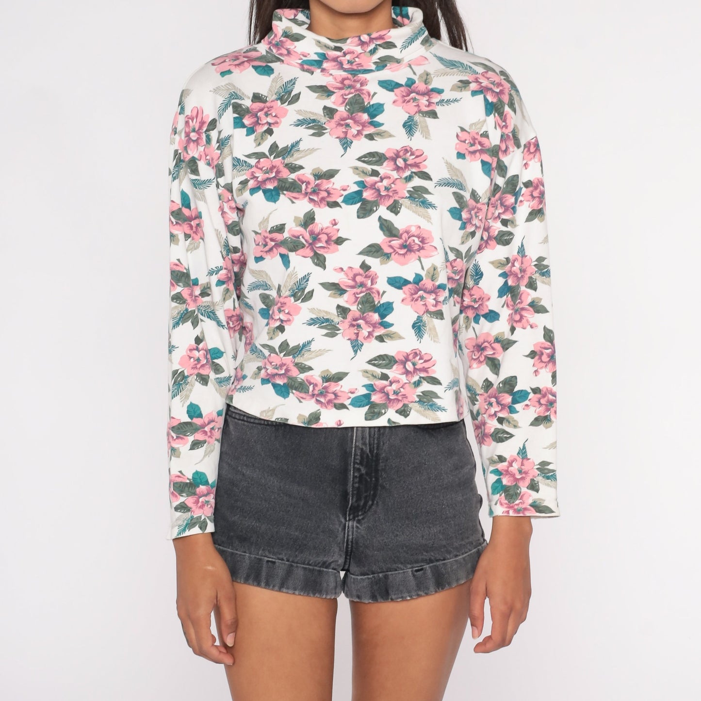 90s Floral Turtleneck Long Sleeve Shirt White Pink Print Medium M