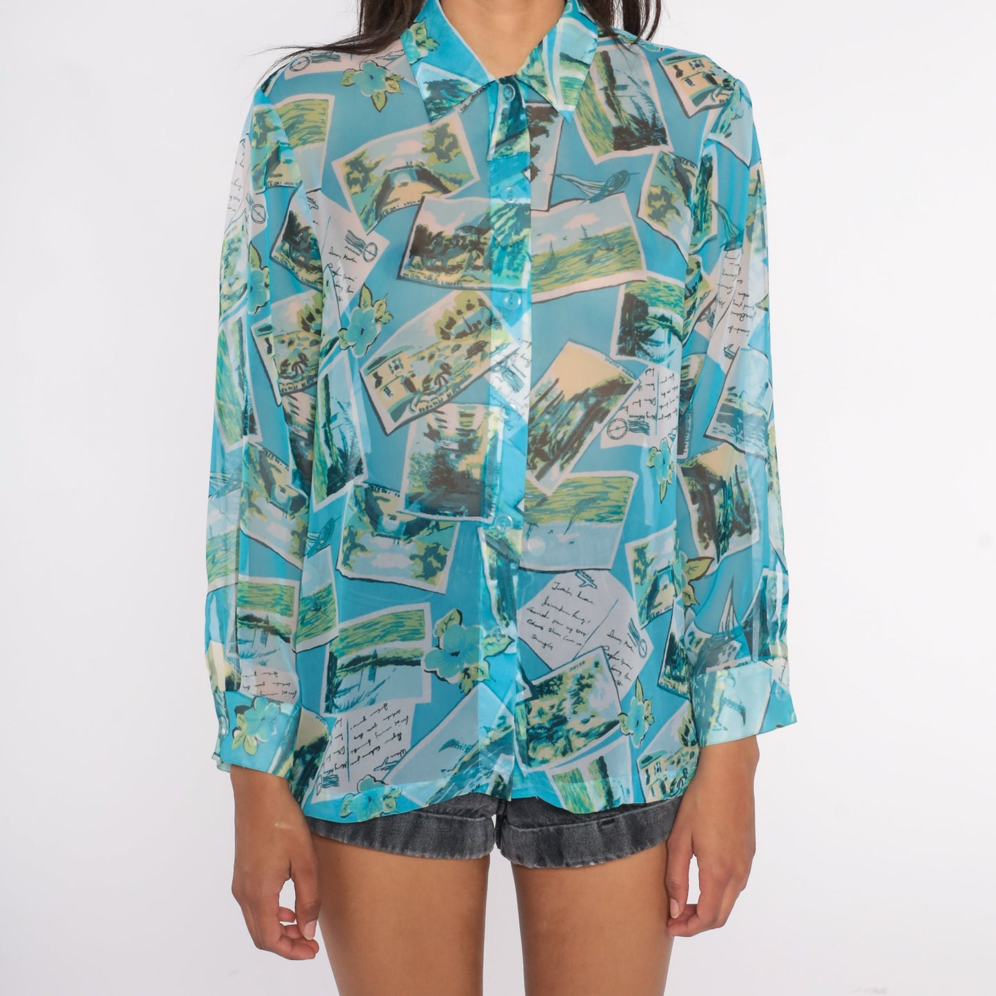 90s Travel Postcard Print Sheer Blue Button-Up Blouse Long Sleeve Medium M