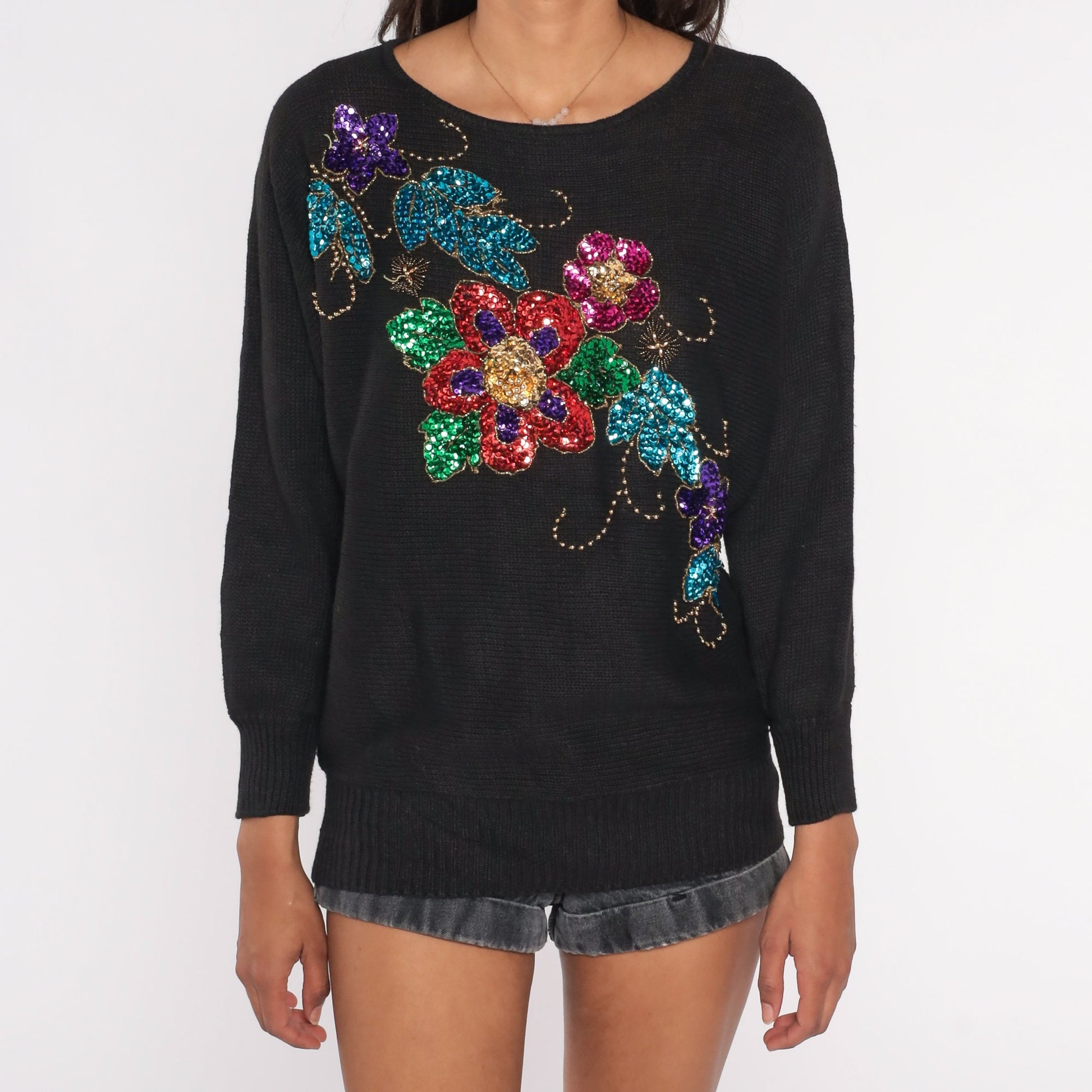 90s Black Sequin Floral Knit Sweater Dolman Sleeve Cotton Ramie Large L