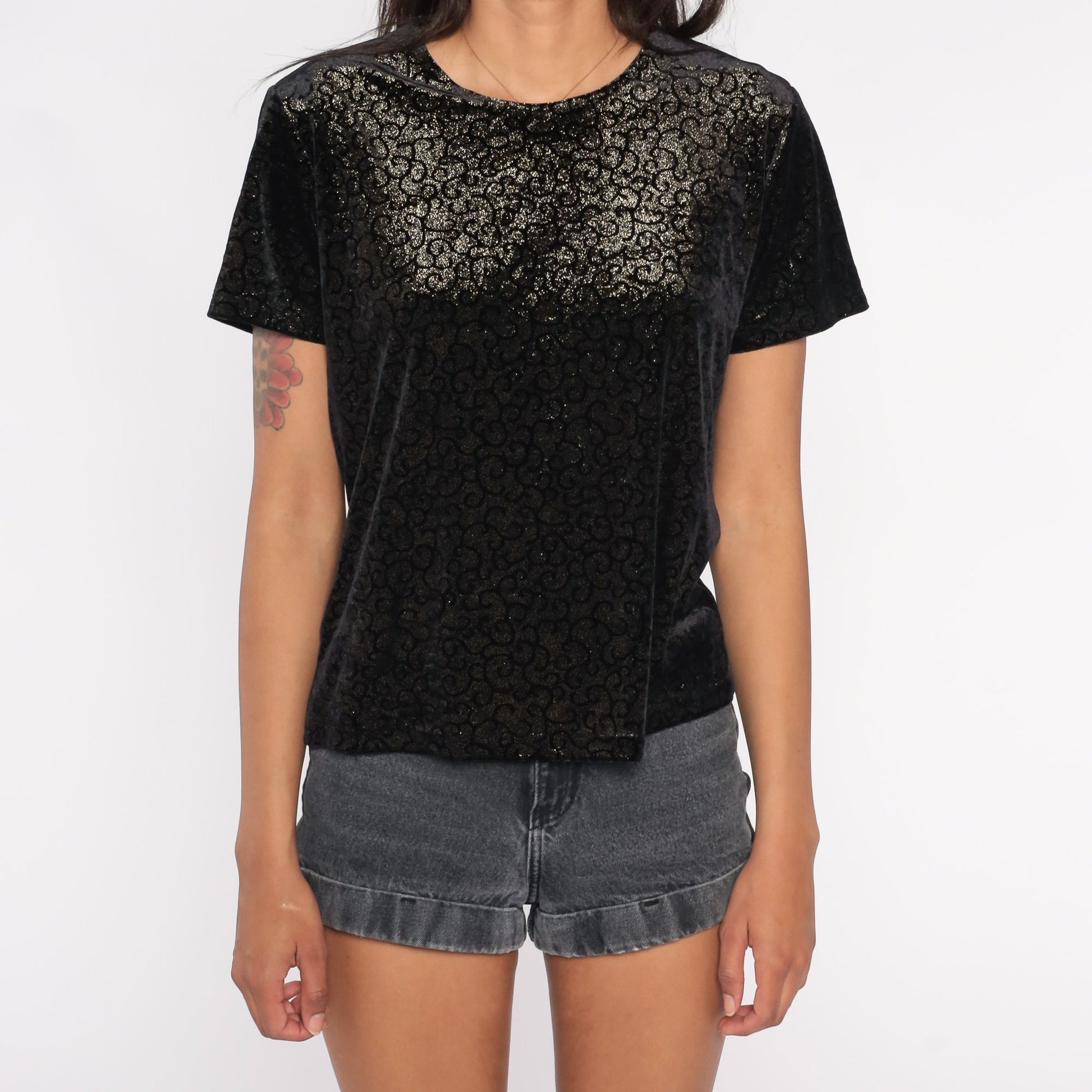 90s Black Velvet Swirl Print Sparkly Short Sleeve Top Medium M