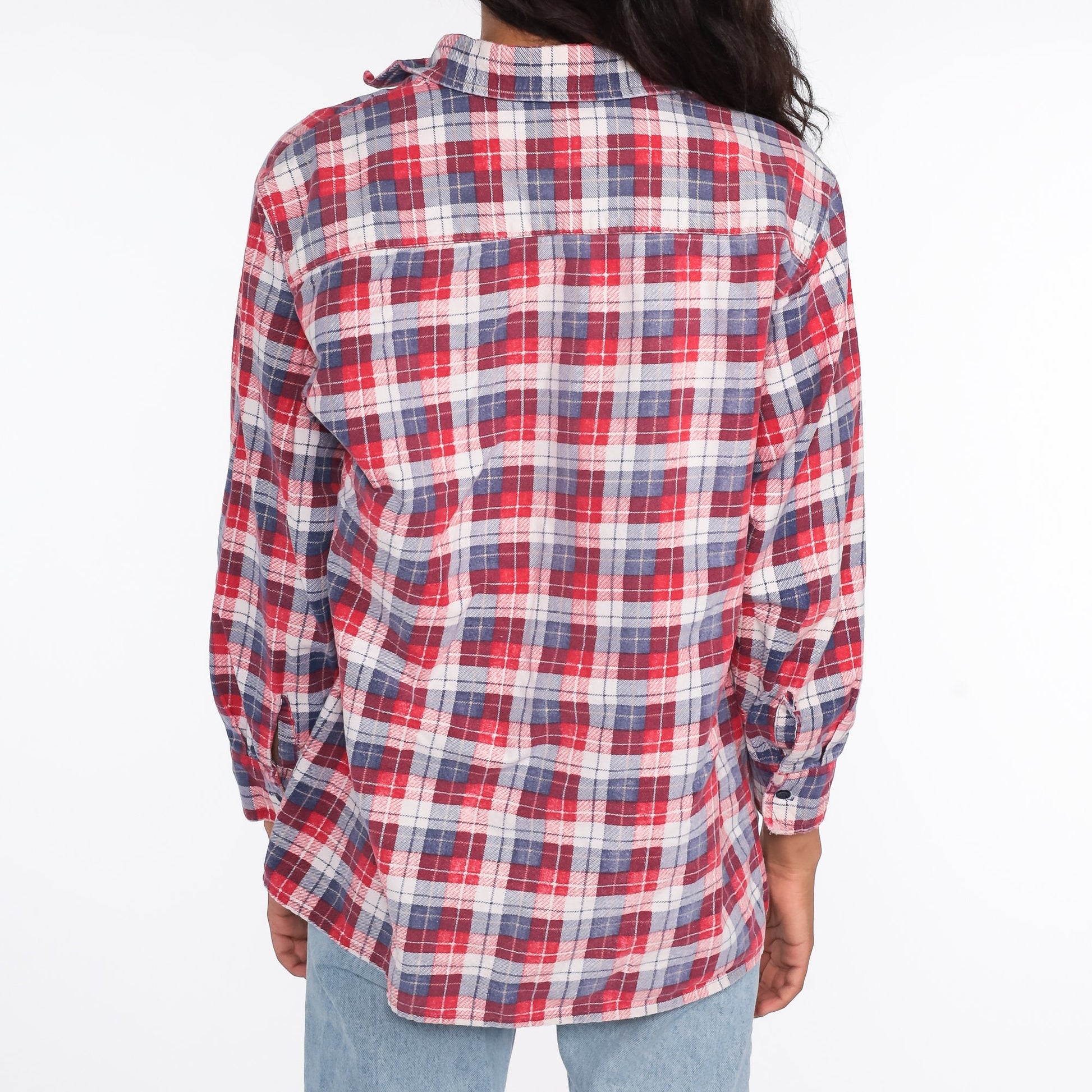 90s Red Blue Plaid Flannel Shirt Cotton Button Up Medium
