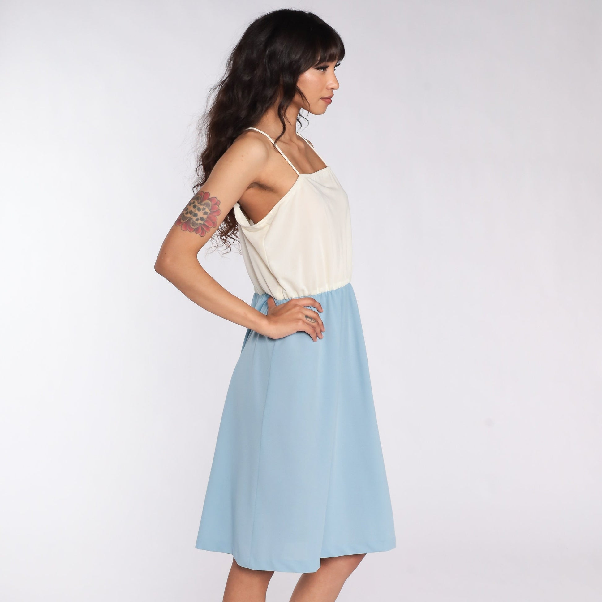 70s Cream Blue Color Block Spaghetti Strap Midi Dress High Waist Medium