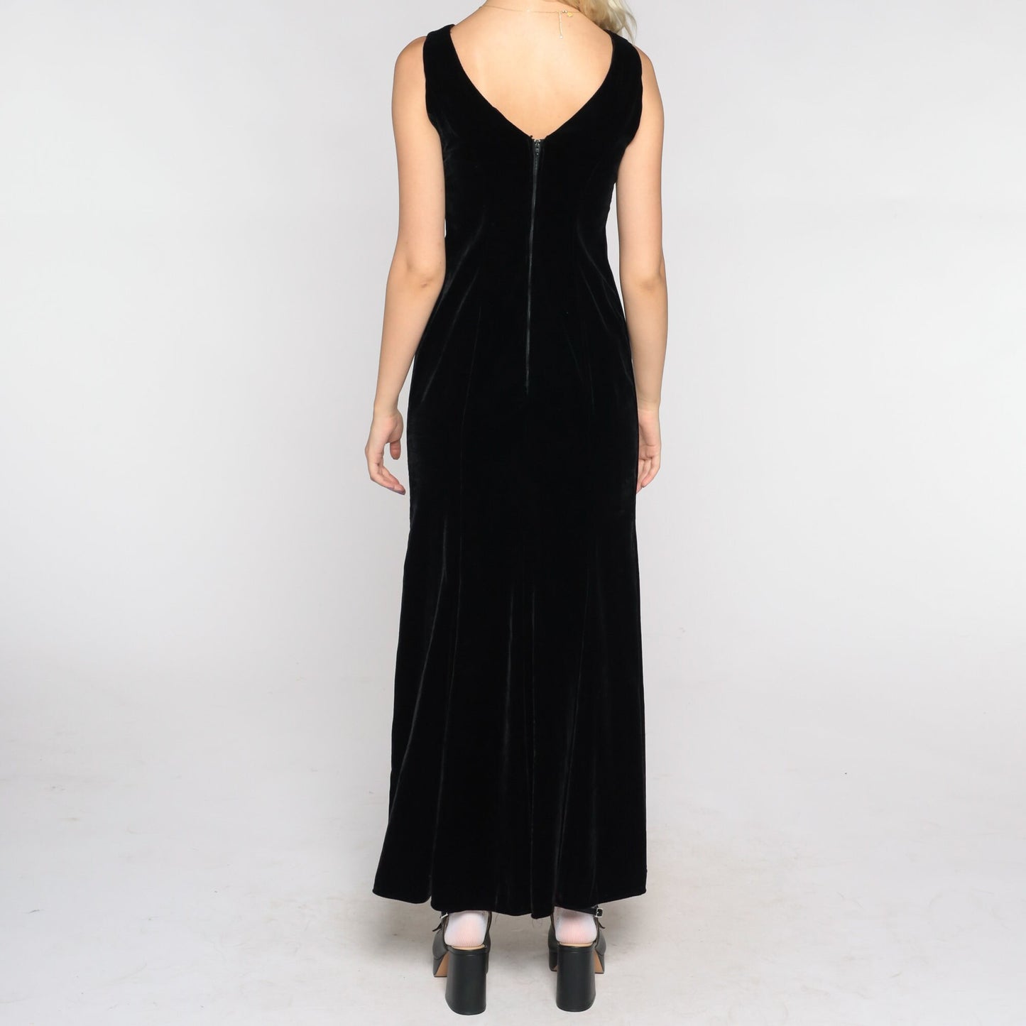 90s Black Velvet Maxi Dress V-Neck Sleeveless Sheath Extra Small