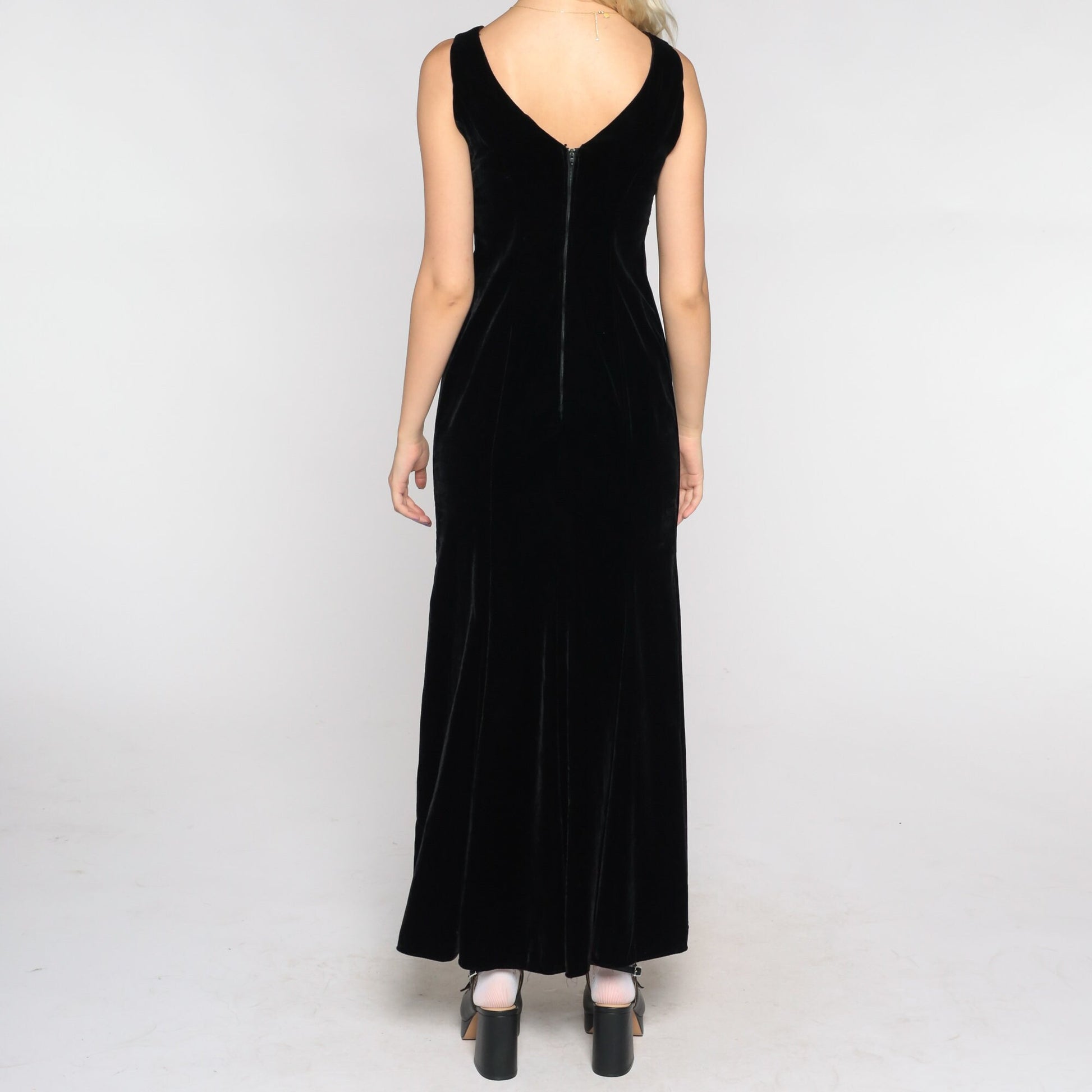 90s Black Velvet Maxi Dress V-Neck Sleeveless Sheath Extra Small