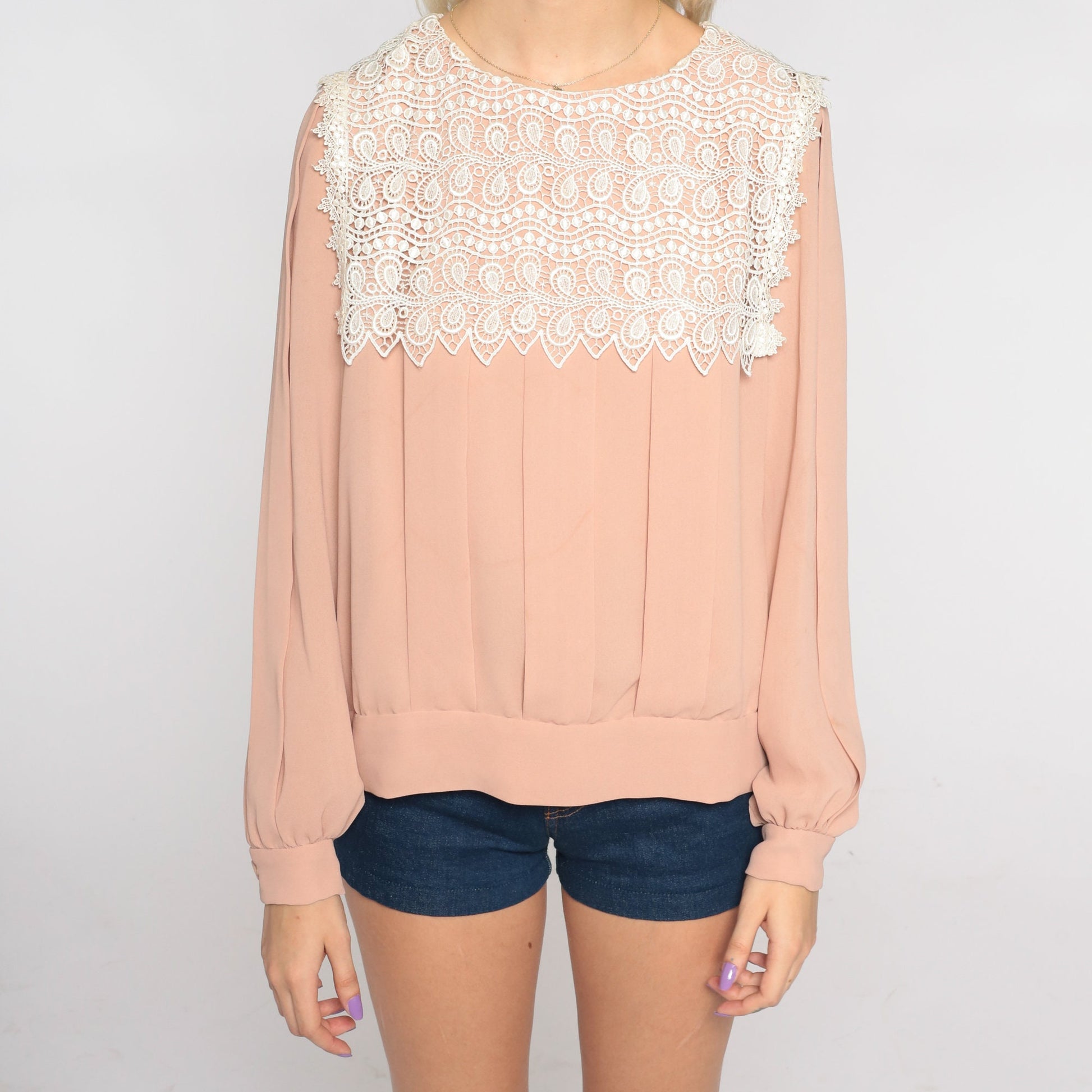 80s Muted Pink Lace Collar Blouse Button Back Pleated Long Sleeve Medium Large