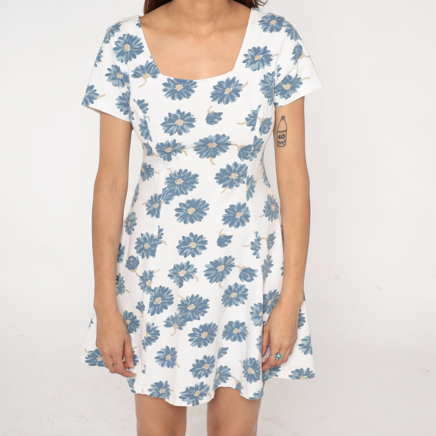 00s Wet Seal Floral Mini Dress White Blue Princess Seam Fit and Flare Small