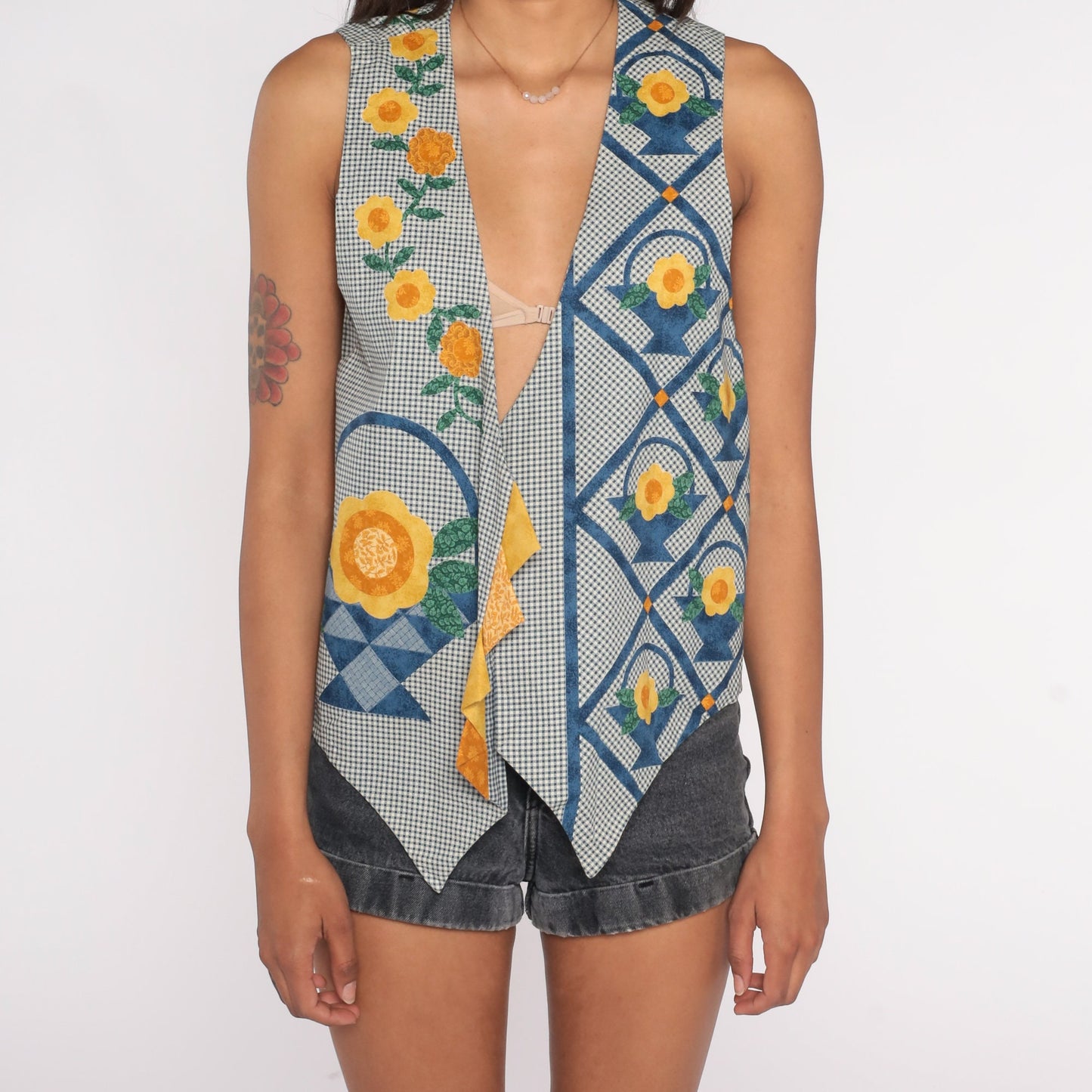 90s Gingham Floral Patchwork Quilted Vest Open Front Blue White Small