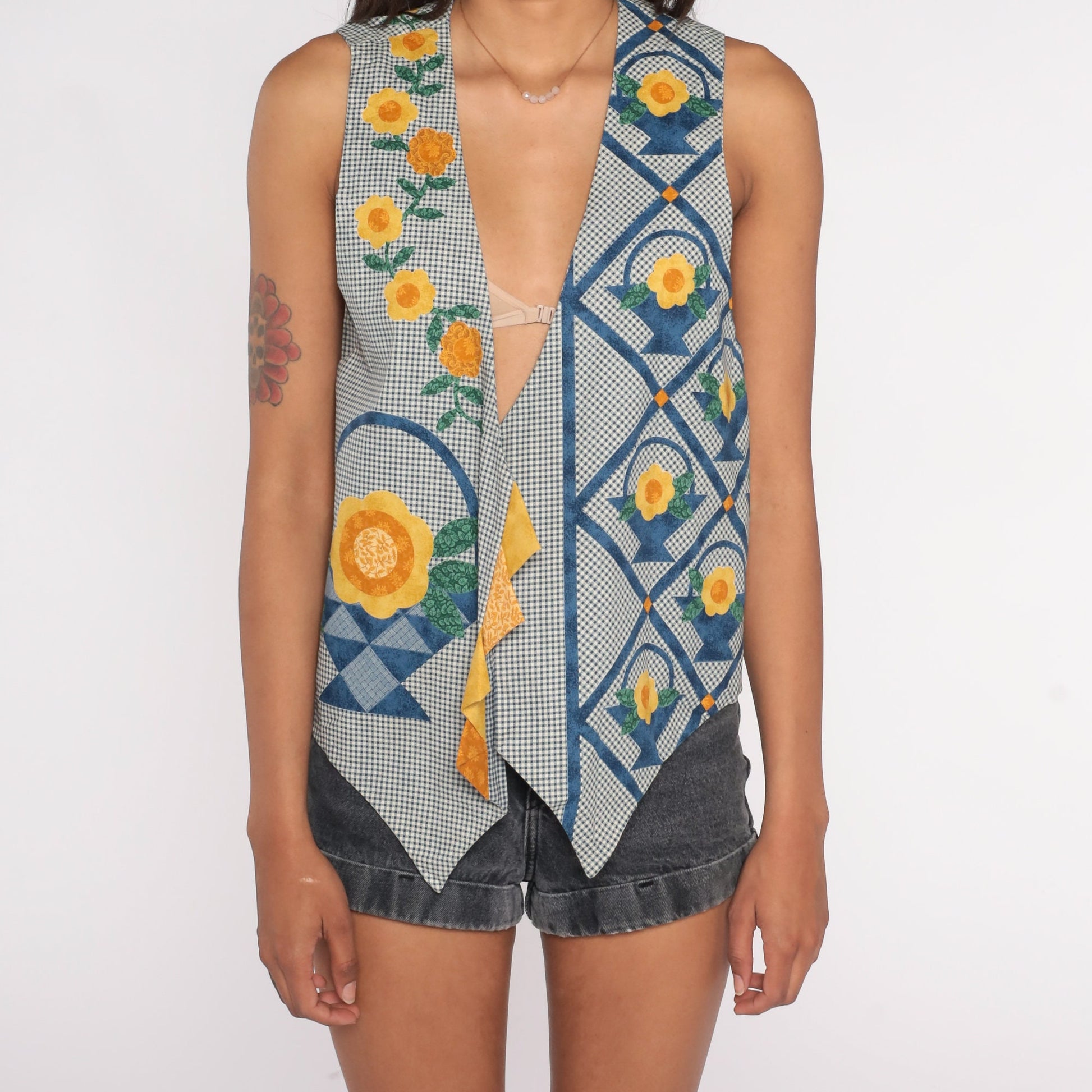 90s Gingham Floral Patchwork Quilted Vest Open Front Blue White Small