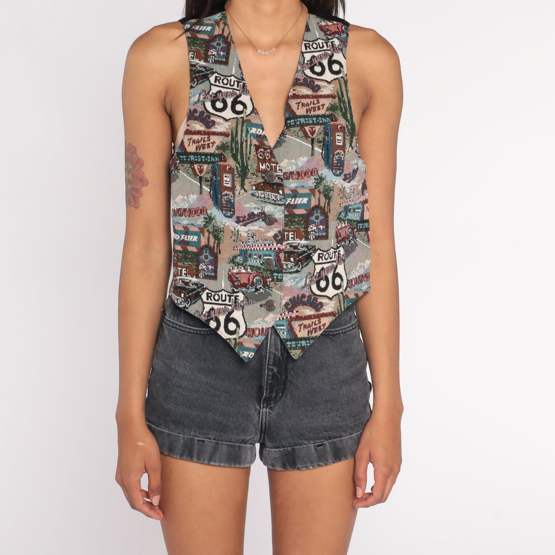 90s Route 66 Vest Button Up Novelty Print Tapestry Top Black Small