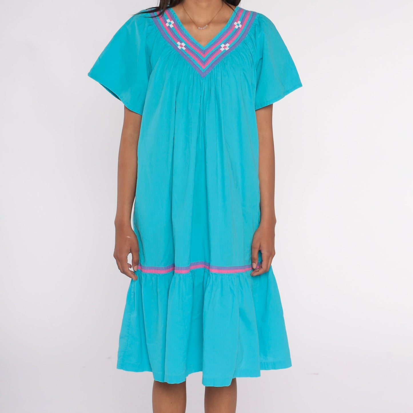 90s Turquoise Cotton Midi Dress Pink Purple Trim Trapeze Tiered Medium M