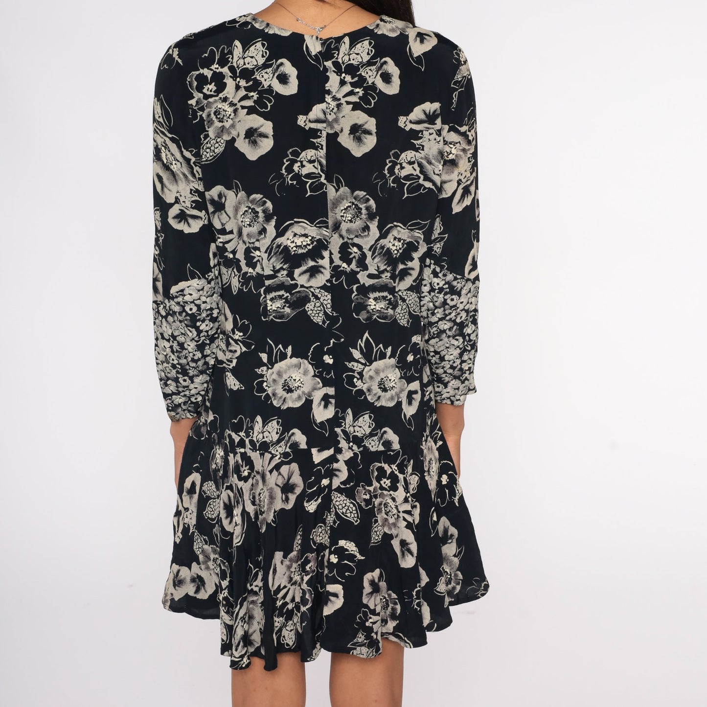 90s Black Floral Mini Dress Drop Waist Long Sleeve Ruffle Hem Small 6