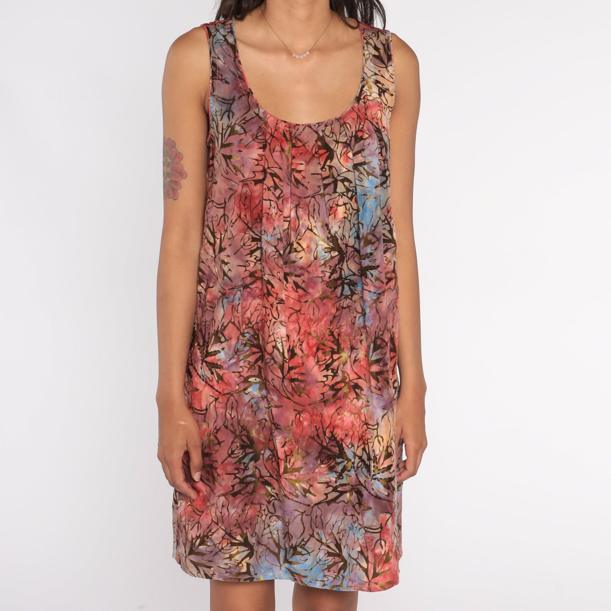 Y2K Tie Dye Leaf Print Mini Dress Sleeveless Pleated Bodice Pink Purple Blue Small S