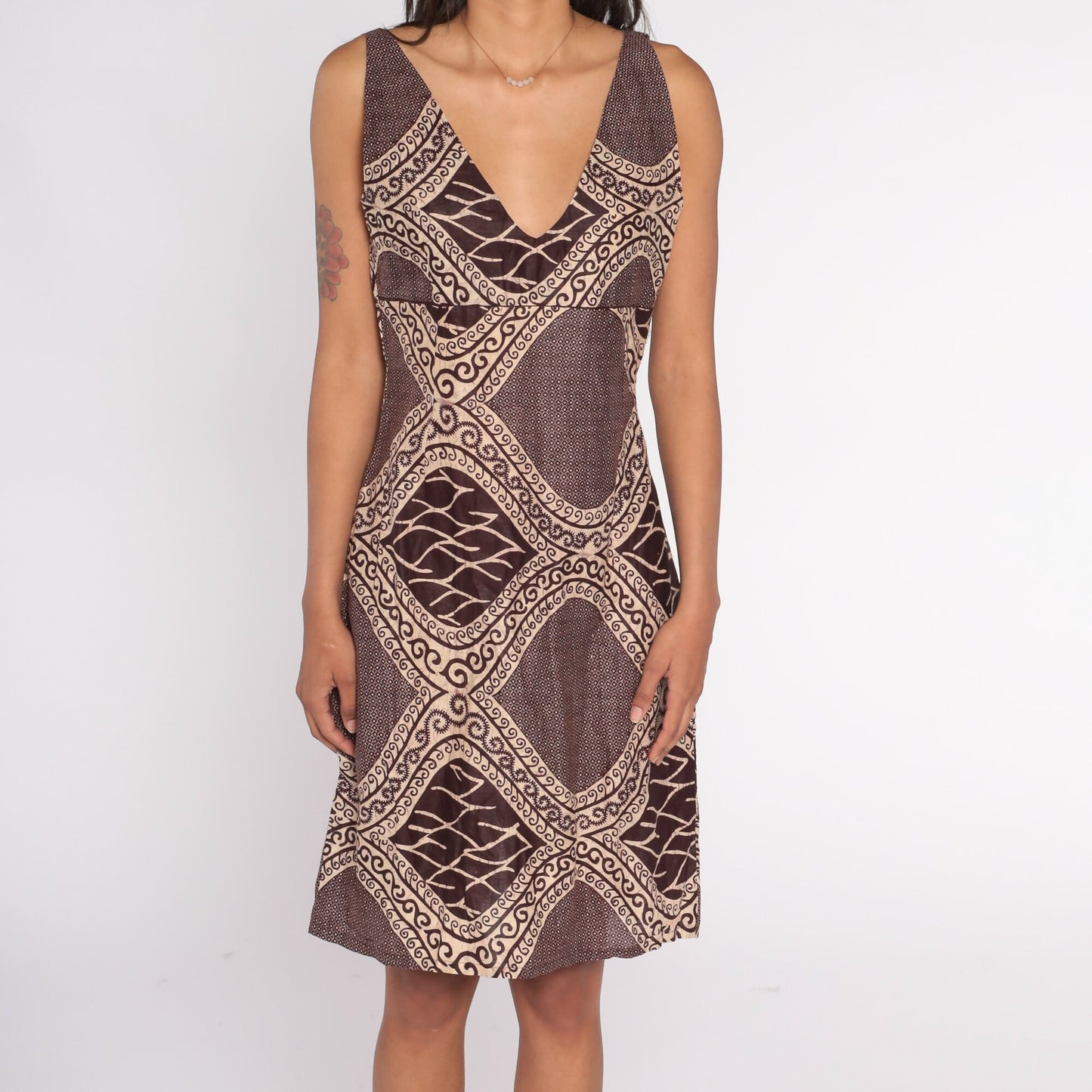 Y2K Brown Batik Sundress Empire Waist Sleeveless Mini Shift Dress Small S