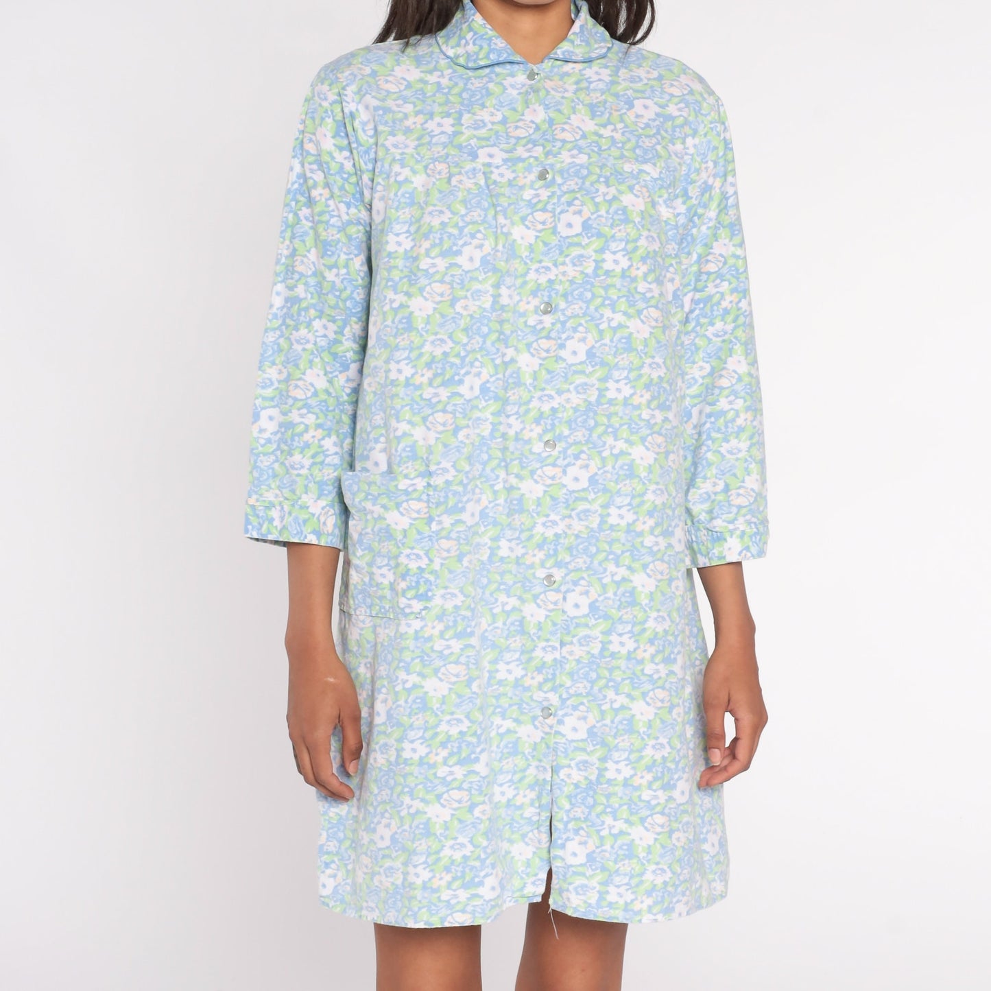 90s Blue Floral Mini Nightgown Peter Pan Collar Snap Front Medium