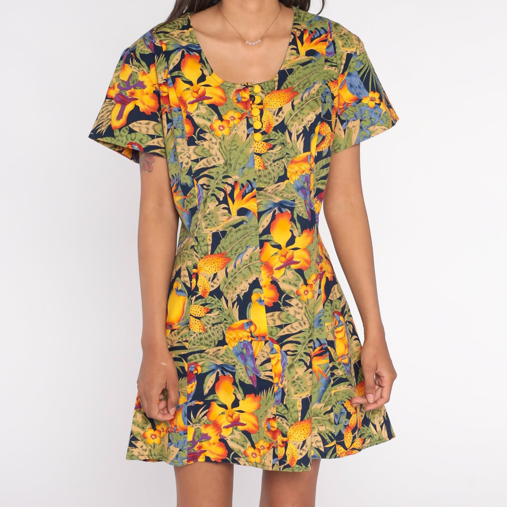 90s Tropical Bird Parrot Leaf Print Mini Dress Button-Up Short Sleeve Large L