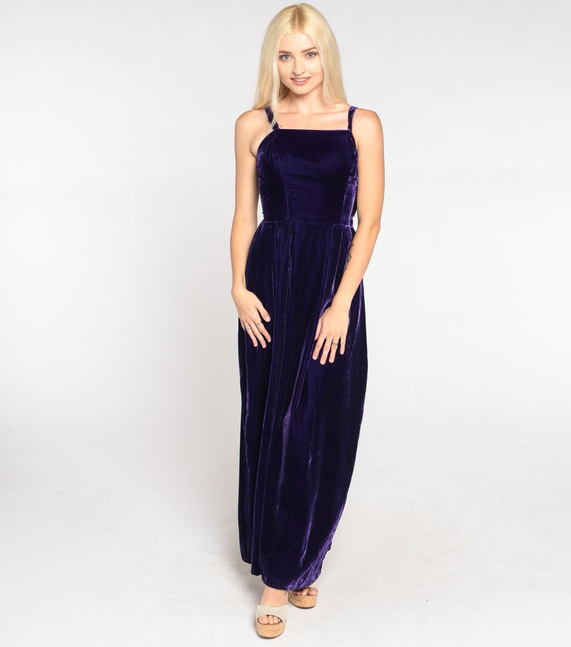 70s Dark Purple Velvet Maxi Dress Sleeveless High Waist Gown Extra Small